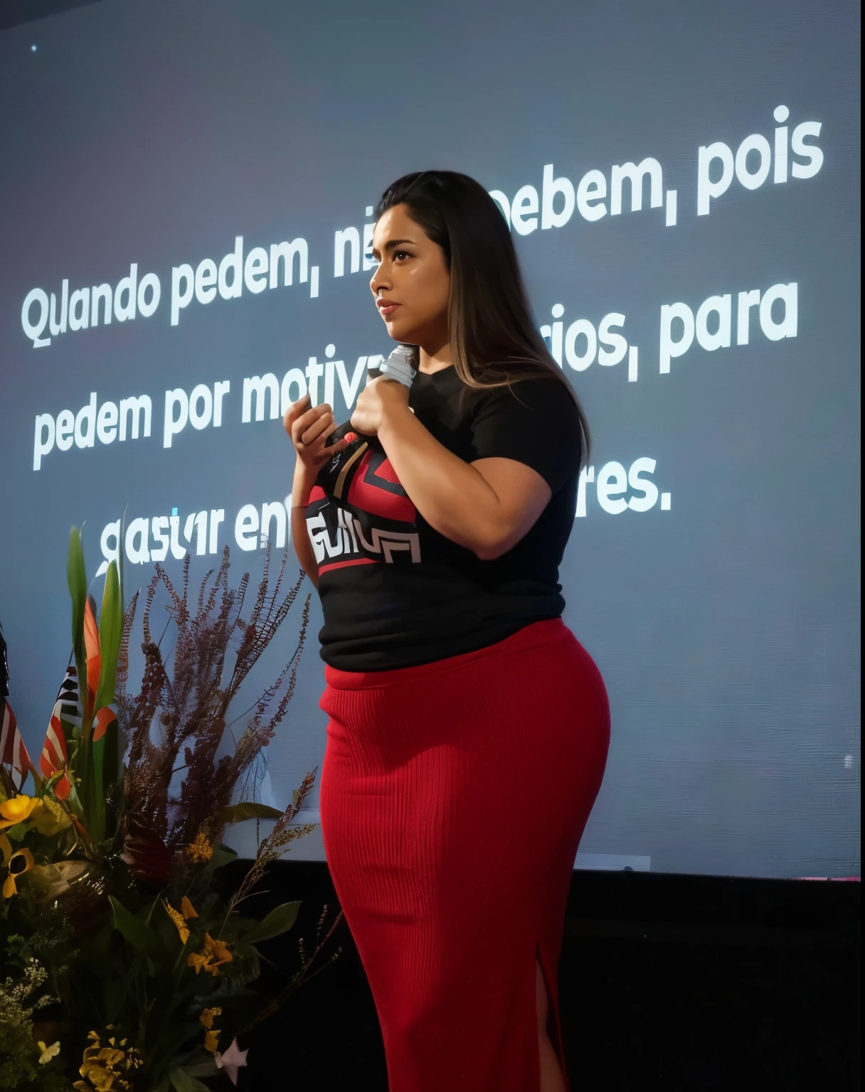 mulher de saia vermelha falando no palco com tela ao fundo, Malika Favre, fernanda suarez, andrea rocha, julia fuentes, Caroline Gariba, Directed by: Nandor Soldier, Olivia de Bernardinis, Directed by: Olivia Peguero, by Amelia Peláez, por Veno Pilon, Parece Fabiula Nascimento