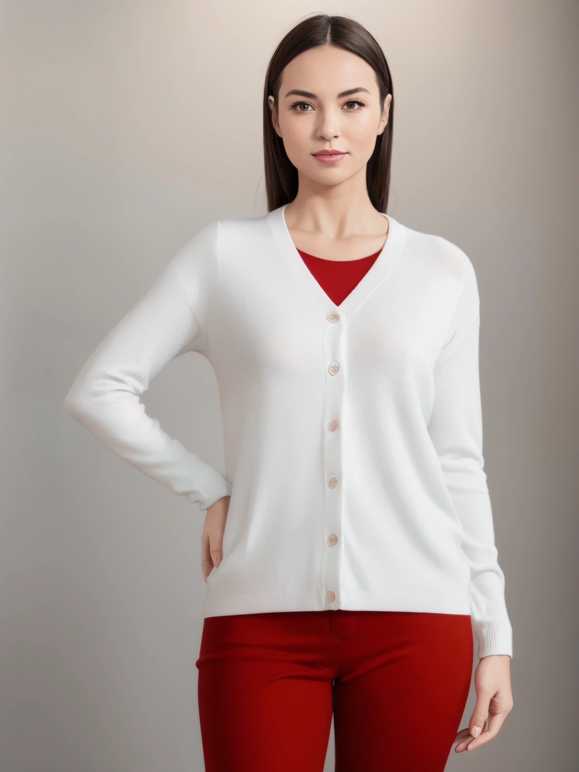 arafed woman in a white cardigan and red pants, cardigan, wearing a white sweater, wearing a cardigan, white sweater, 3/4 front view, white jacket, casual white garment, official product photo, wearing in cardigan, catalogue photo, white sleeves, white clothing, white clothes, promo image, official product image, close up angle, wearing white silk