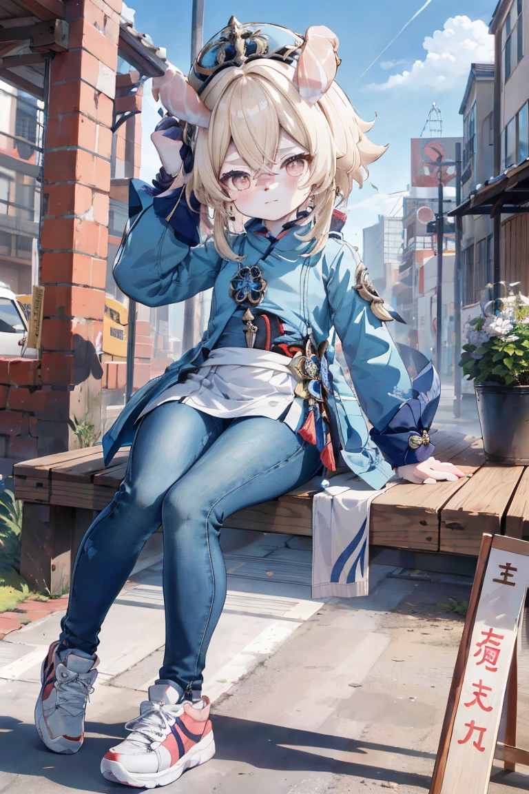 Melousine (genshin impact), masterpiece, bestquality,3 girl,young girl, pomelo buds, Ash Blonde, long-haired,unstable _Front,oily shiny skin,flat chest,nice leg line:1.3,thick thighs, thin-waist,, red_streaks_light_wrap_dress, white_platform_sneakers, woven_El_bag, straw_headgear, gold_hoop_earrings, jacket, long jeans city scenery,looking at the audience,From Top:1.2,dynamic angle