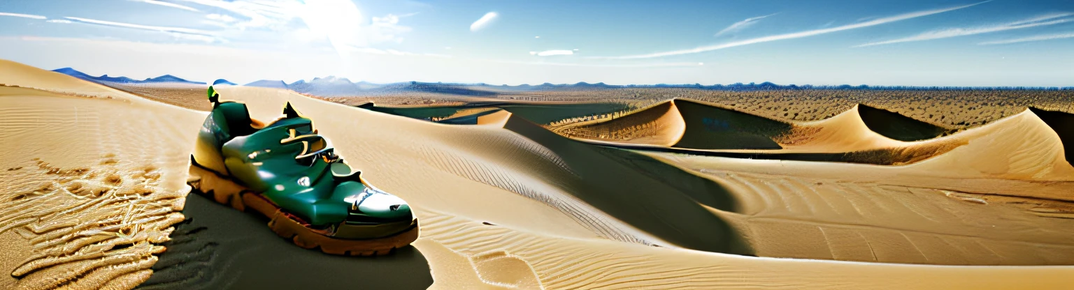 (a huge brown travel shoe),tmasterpiece,Best Picture Quality,The most natural light and shadow,(Brown shoes)(Best Picture Quality)(The best illustrations)(The best light and shadow)(Very detailed CG unified 8k wallpaper),Desert theme with natural elements,continuous dunes,Vast blue sky(a winding road),The sky is bigger,There is green space in the distance,(nature elements)(sand dune)(One third of the white cloud sky),desert desolation,ray traycing,ultra - detailed,Cinematic light and shadow