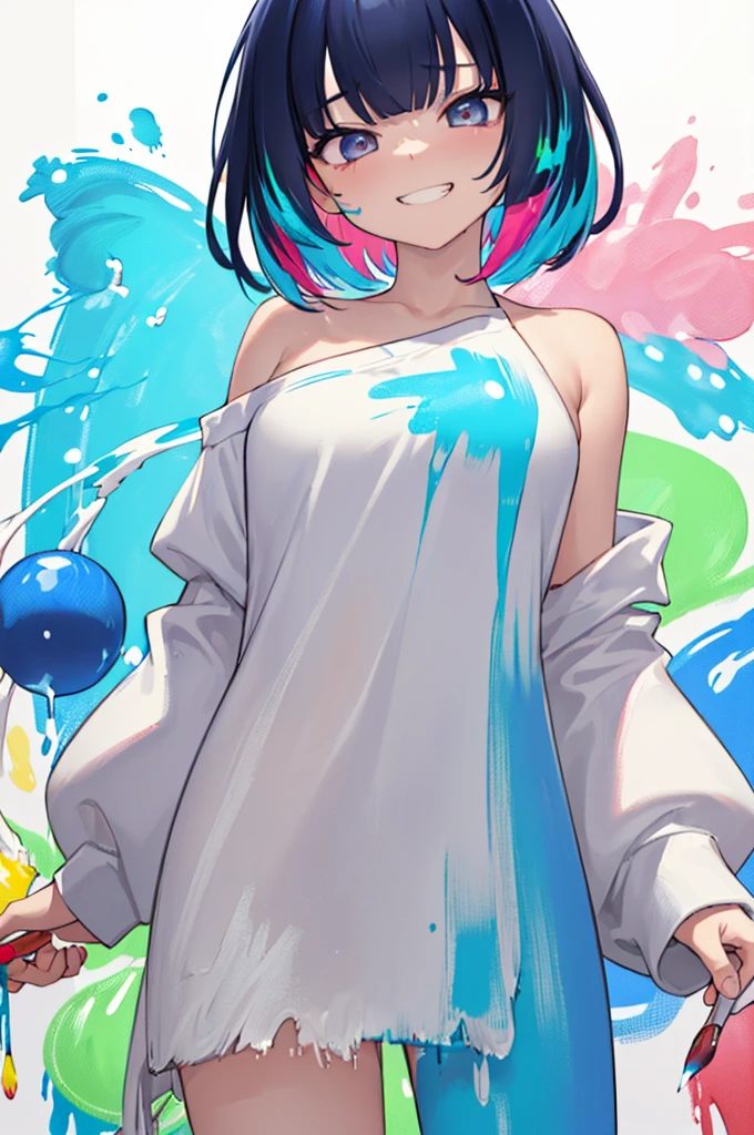 (masterpiece、top-quality、a high chroma、ultra-detailliert、high-resolution illustrations、Ultra-high-definition CG、8k size wallpaper、offcial art、production art)、Skin quality improvement,,((Vivid Color:1.5))、((Fluorescent color:1.5)),((doodle:1.7))、((Splashes a lot all over clothes:1.7))、((Paint on the body:1.8))、tilt of the head、((colorful fluorescent hair:1.7))、(Face Focus:1.5)、(close to viewer:1.5)、(single bare shoulder sweater long:1.2)、(Eyes are blue)、(girl with)、medium breasts、(Very short hair),(Excited eyes),(Gradient Eyes)、(grinning evily:1.3),(Cowboy Shot),(),(Standing)、(View from below:1.3)