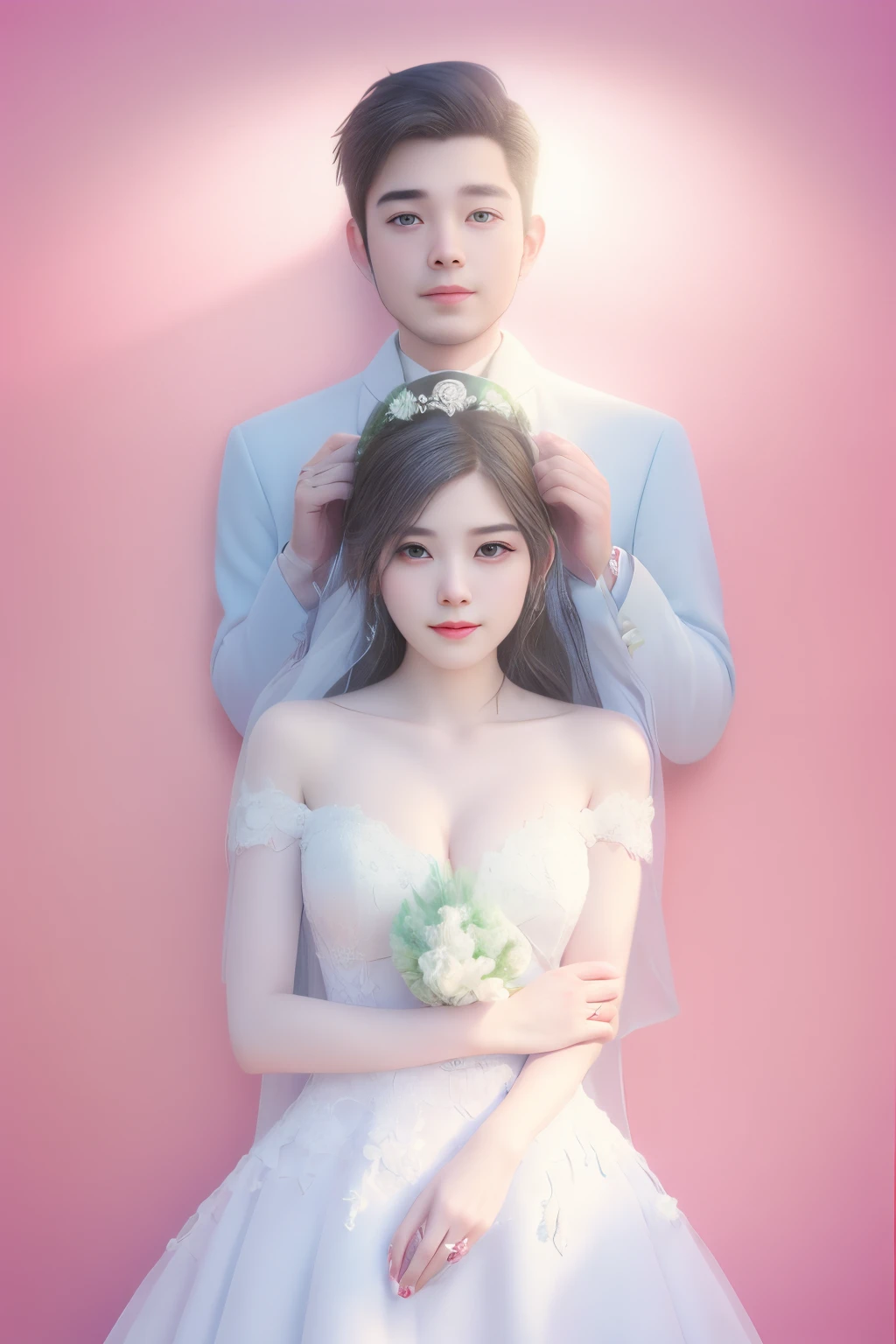 There is a man and a woman posing together for a photo, wedding photo, bride and groom, royal elegant pose, couples portrait, wedding photography, professional wedding photography, couple pose, roberto ferri and ruan jia, in wedding dresses, couples portrait, & Li Zhiheng & ample, Wearing a headdress, cute couple, elegant couple, Weddings, crown and gown