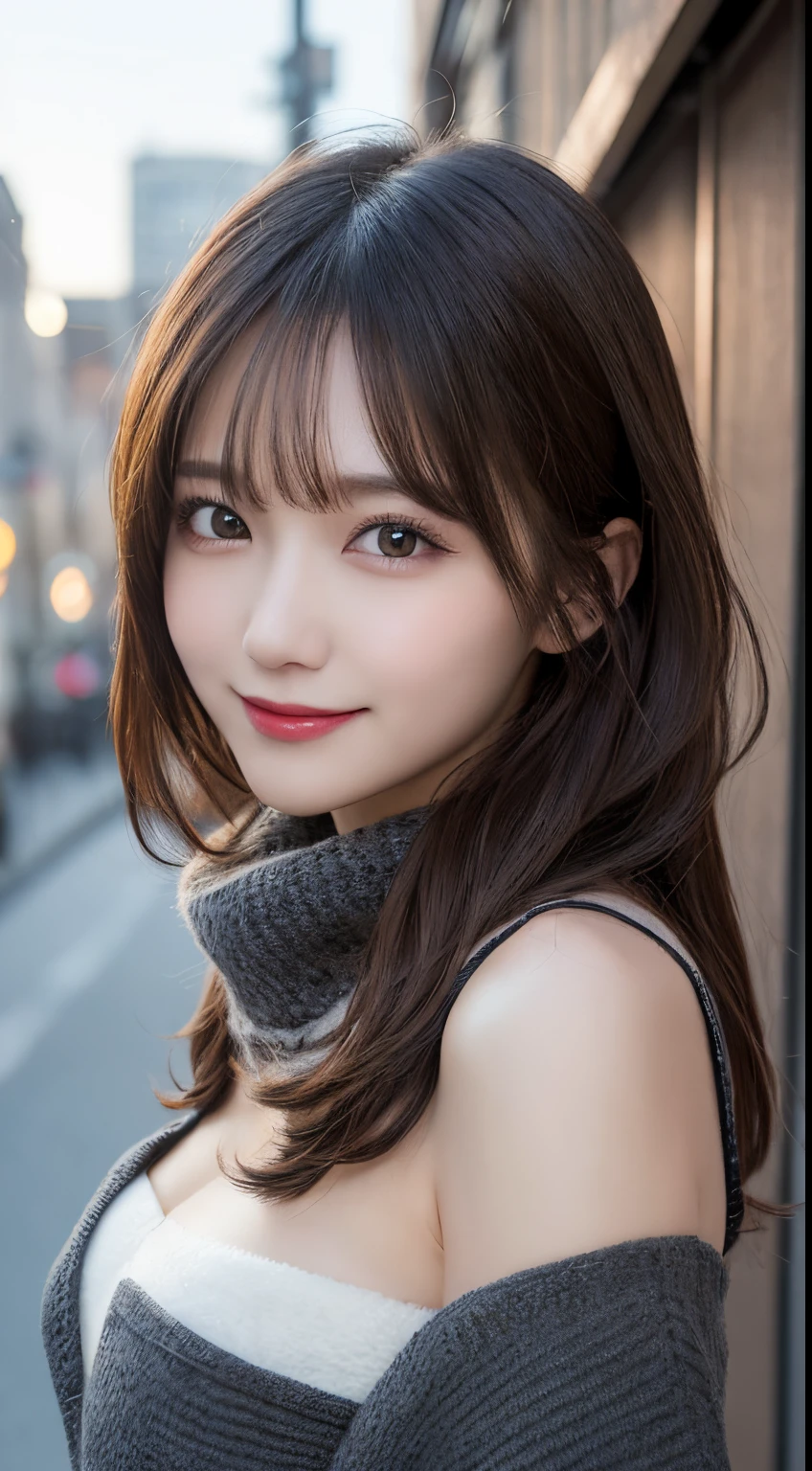 masutepiece, Best Quality, Illustration, Ultra-detailed, finely detail, hight resolution, 8K Wallpaper, Perfect dynamic composition, Beautiful detailed eyes, Winter clothes,Medium Hair,Small breasts natural color lip, Bold sexy poses,Smile,Sexy backgrounds、20 years girl、Cute、Sexy shot looking at camera blur background