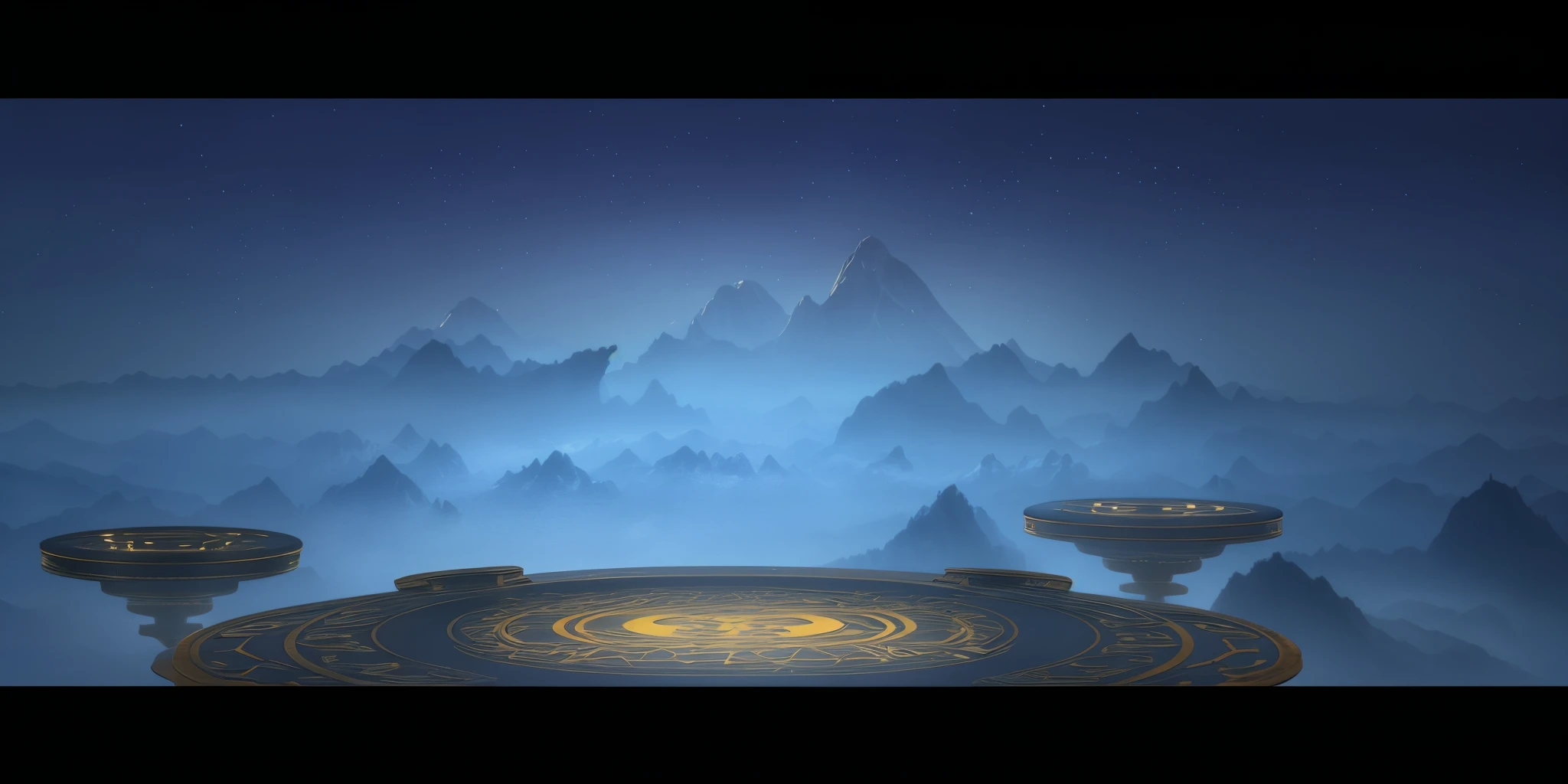 Game display background,Three groups of mysterious oriental style tables,Surrounded by mysterious yellow light patterns,The majestic mountain peaks in the distance are covered with clouds and mist,Mysterious light effects appear in the sky,extreme hight detail,Grand composition,Overall color is high-end,16K.