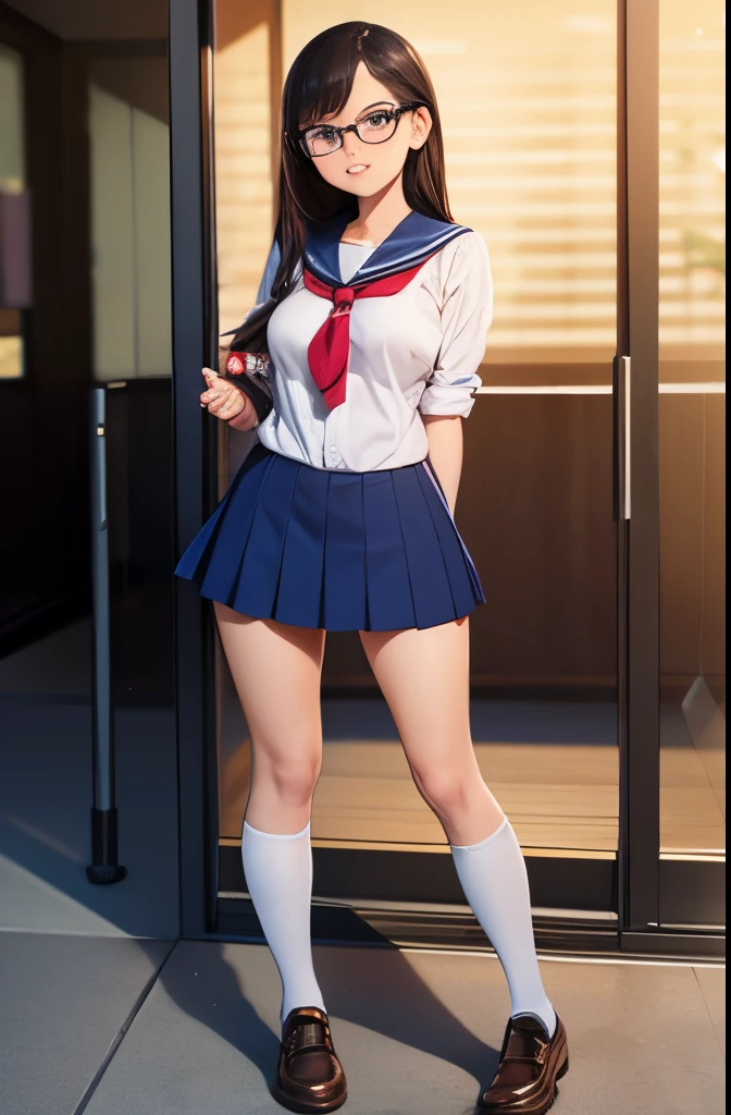 (wearing mini croptop japan blue uniform school set) , mini blue tartan skirt, upskirt white panties shown, black pantyhose & black  fantofel shiny shoes, (brown curly long hair), cool full body gesture