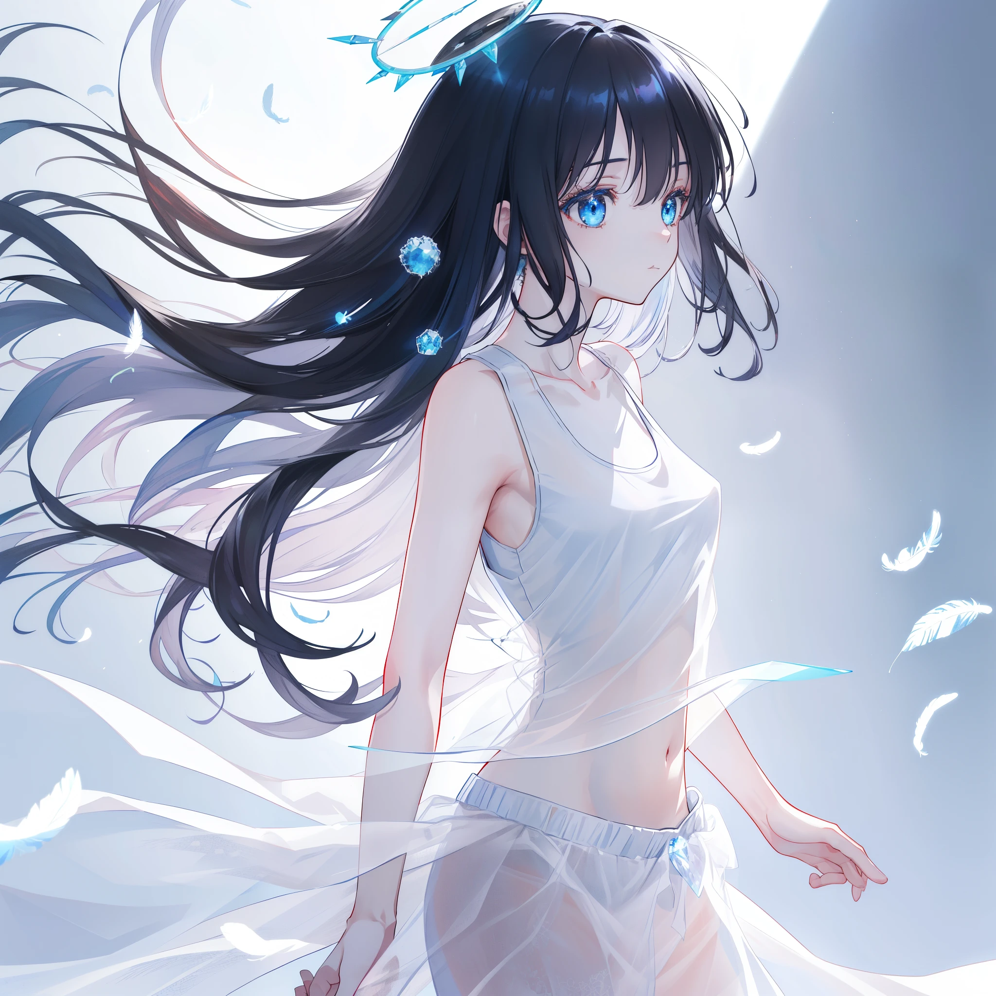 (((A far shot))) of a black-haired anime girl, (standing in the (snowfield), ((strong sunlight)), cinematic light, slim body, skin is perfectly healthy, soft, and smooth, Extremely delicate and beautiful CG illustration, best quality, high resolution, dynamic angle, full-length lens, (1 girl), floating, soft light, high-key lighting), glowing light, blue halo, feathers fluttering background, blue crystal, (((wearing nothing but a white (pure) (transparent) tank top))), ((very cinematic))
