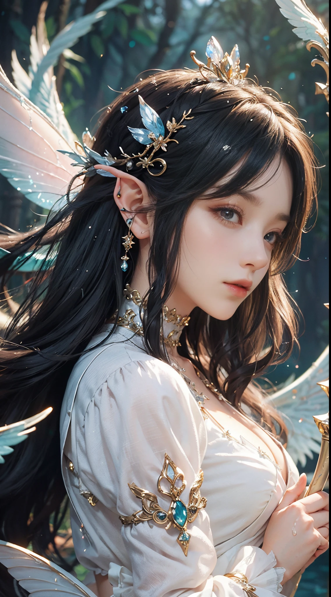tmasterpiece，top-quality，orthofacial，Dressed in white，white angelic wings，The elves dance in the air，An ancient and mysterious palace，Fantastic white，a sense of fatalism，Best quality，Main layout，light lighting，Ishimaru，tiny faeries，Gauze sleeves，water fairy，Close-up fantasy of water magic，Pixie in hand，hand casting spell，Ethereal fantasy，fairy aesthetics，Astral Fairy，Beautiful Elf Queen，ethereal fairytale，Fantasy aesthetics！，Fairy tale core，anime cosplaying，EtherealBeauty，fantasy art style，Anime girl role play，Ethereal fantasy，Beautiful fairy in white