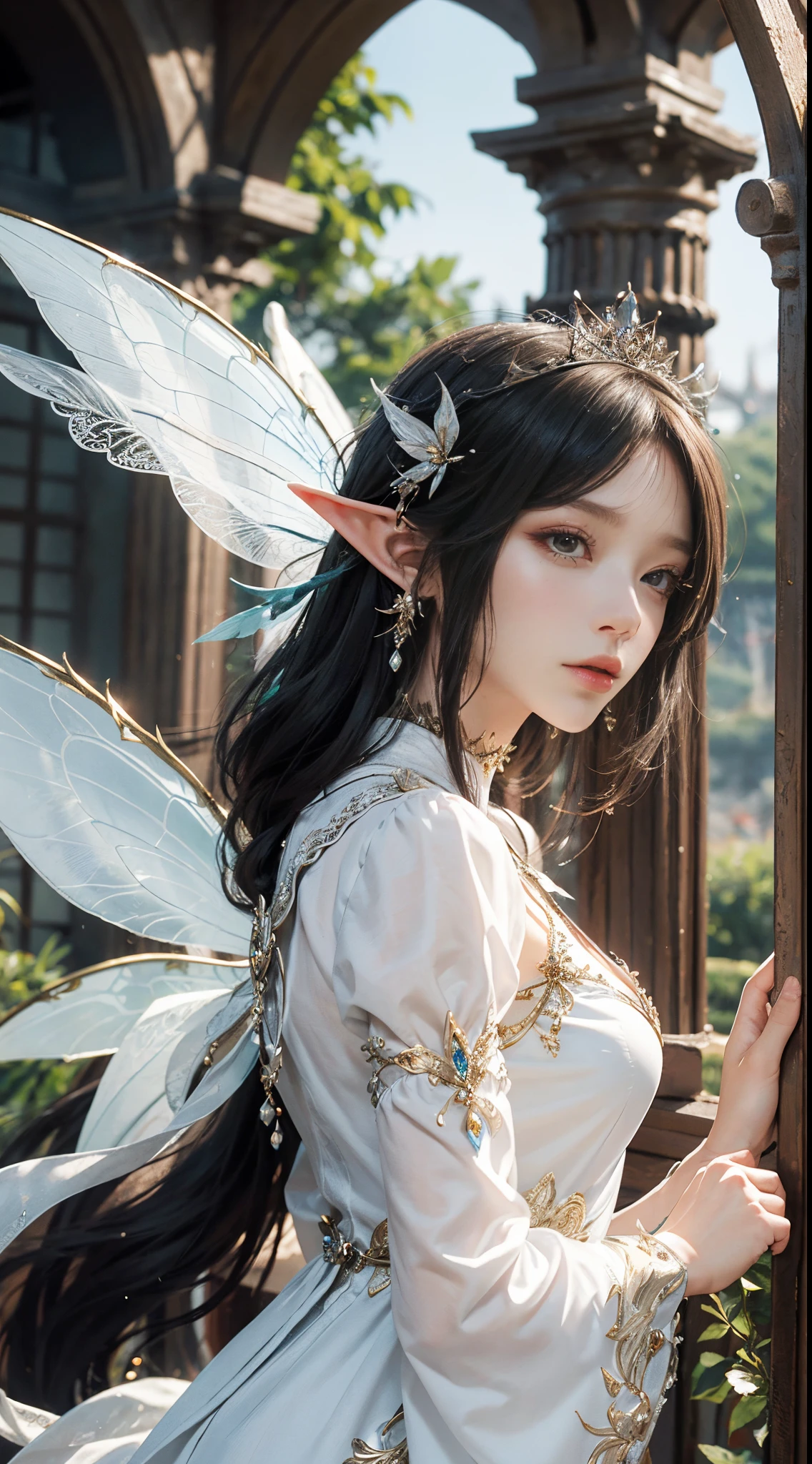 tmasterpiece,top-quality,orthofacial,Dressed in white,White angel wings,The hair is beautifully braided,An ancient and mysterious palace,Fantastic white,A sense of fatalism,best qualtiy,Main layout,Light lighting,the elf,Magic book in hand,Hand cast spells,Ethereal fantasy,fresh flowers,Flying elves,fairy aesthetics,astral fairy,Beautiful Elf Queen,ethereal fairytale,fantasy aesthetic!,Fairy tale core,anime cosplaying,EtherealBeauty,Fantasy art style,Anime girl role play,Ethereal fantasy,Beautiful fairy in white