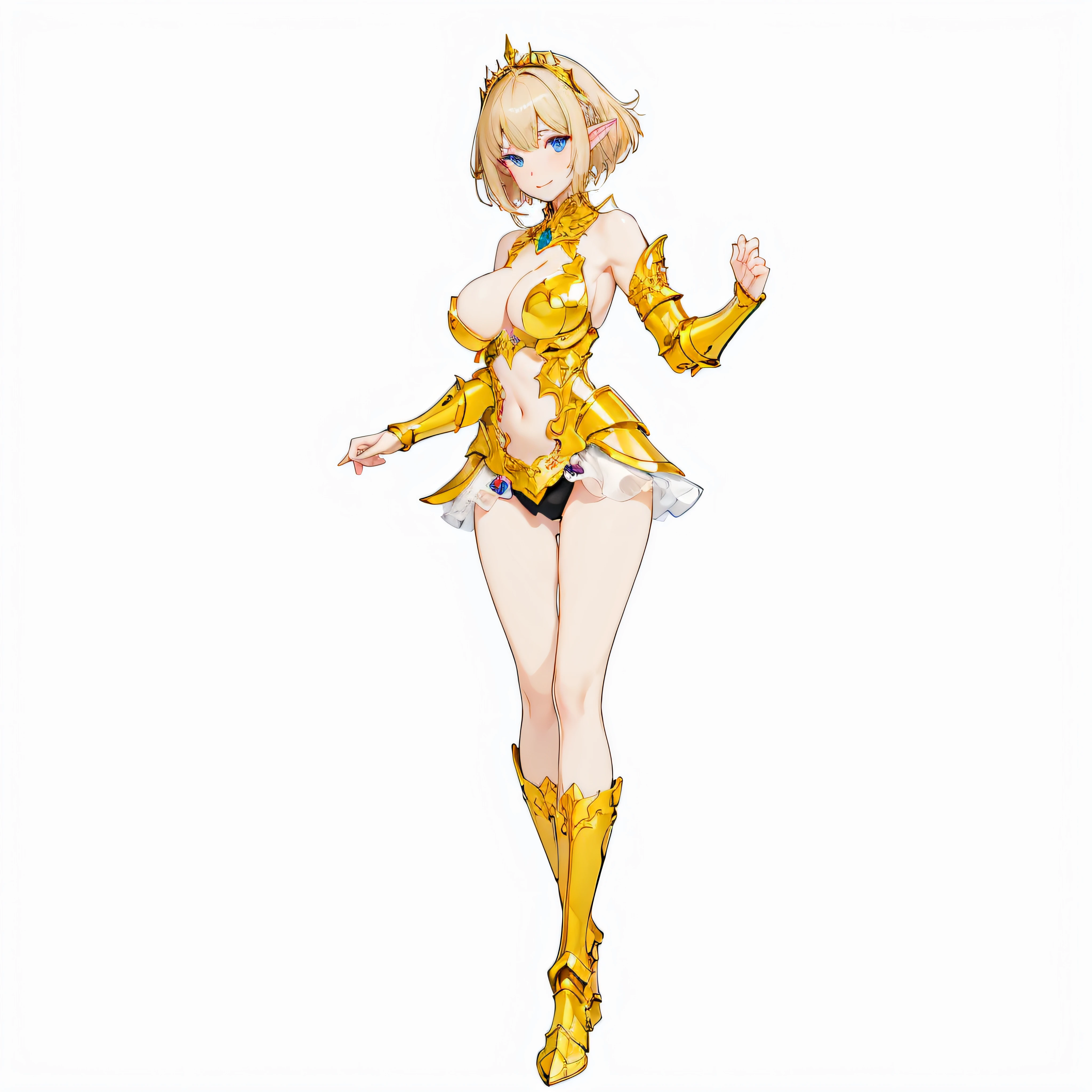 masterpiece、top-quality、ighly detailed、hight resolution、16k、fullnude、teats、Boob proportions、golden armour、Very thin skirt、Black pants、Full body like、Very white skin、Beautiful fingers、Anime girl with very big breasts posing naked、Perfect Style、elvish、no-bra、Blonde blue-eyed、A smile、An elf girl