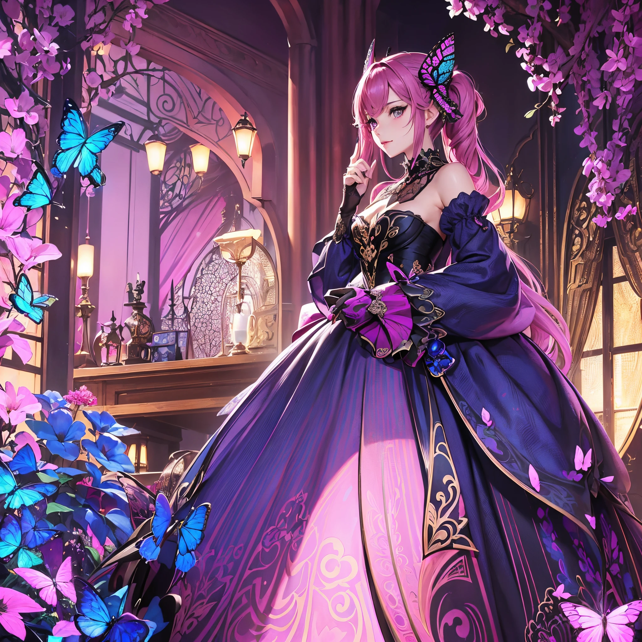 Butterfly motif、Magenta and silver tones、Vibrant colors、((masterpiece)))、(((top-quality)))、((ultra-detailliert))、(A hyper-realistic)、(highly detailed CGillustration)、From the right side、Official art、Paris at the beginning of the 20th century、Marais district、Decadent、Madame Papillon、Cool Beauty、Masquerade、refinement、Elegance、Gorgeous、Masks that cover most of the face、Colorful and detailed mask design、matchless beauty、Fans、gorgeous dress、jewely、Perfect Angle、perfect-composition。full body Esbian