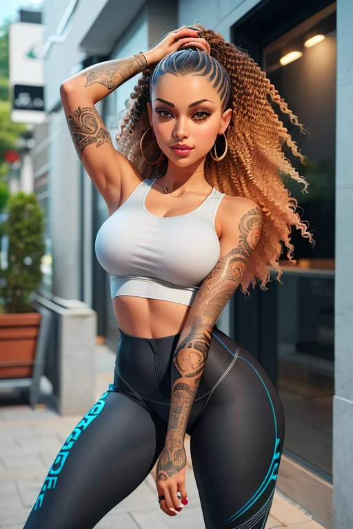 Meet Zara, a musa da energia e estilo! With an irresistible mix of lush curves and magnetic beauty, Zara is a mulatto woman with curly hair that commands attention. Seus olhos verdes brilham com vivacidade, while her thin nose and full lips define the elegance of her captivating face. Wearing leggings that hug your curves and a gray top that highlights your confidence, Zara completes her look with white Nike sneakers, unindo conforto e moda. Arm and rib tattoos reveal your unique artistic expression. Na academia, she gracefully embodies the strength and authenticity, embodying the true essence of Zara.