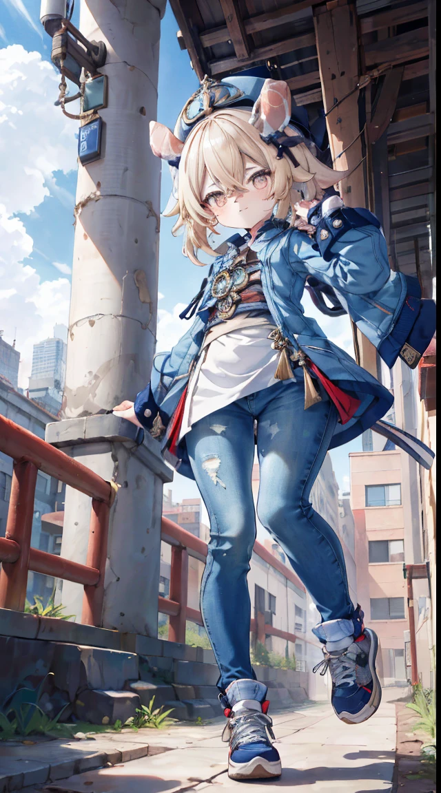 Melousine (genshin impact), masterpiece, bestquality,3 girl,young girl, pomelo buds, Ash Blonde, long-haired,unstable _Front,oily shiny skin,flat chest,nice leg line:1.3,thick thighs, thin-waist,, red_streaks_light_wrap_dress, white_platform_sneakers, woven_El_bag, straw_headgear, gold_hoop_earrings, jacket, long jeans city scenery,looking at the audience,From Top:1.2,dynamic angle