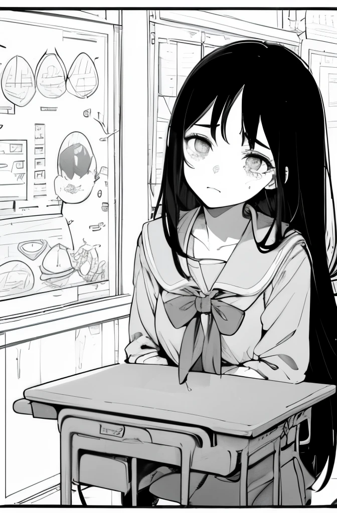 line art, comic, monochrome, illustartion, 1girl, Masterpiece, Best Quality, super detaill, A student girl with long black hair, ((classroom background:1.6)), sad, depressed, crying, expressionless, bust shot, rough expressive lines, expressive lines, dark lines, dense lines, strong line work, masterpiece, best quality, black and white manga, super fine, extremely delicate and beautiful, schoolgirl uniform, detailed background, flaid skirt
