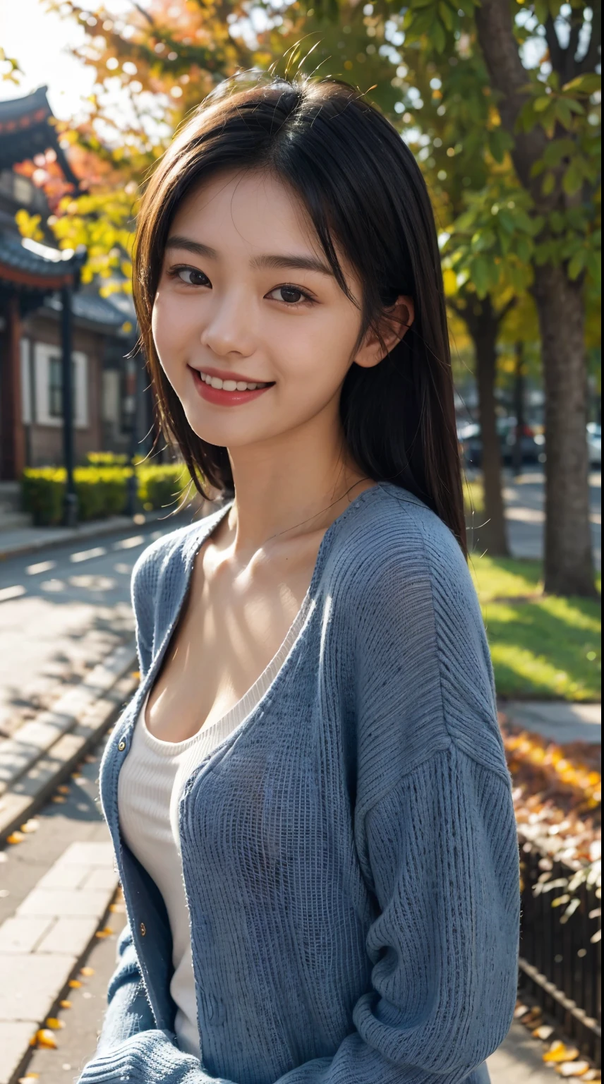 A happy smile looking at this、、Under the Autumn Sky、Colorful sweater、best qualtiy, tmasterpiece, realisticlying, Hyper-detailing, photography of, hight resolution, hoang lap, cinematric light, offcial art, depth of fields,
closeup cleavage,slim,cute face,ssmile,beatiful detailed eyes,19-year-old Korean,prette,Silver Mohawk tribe,