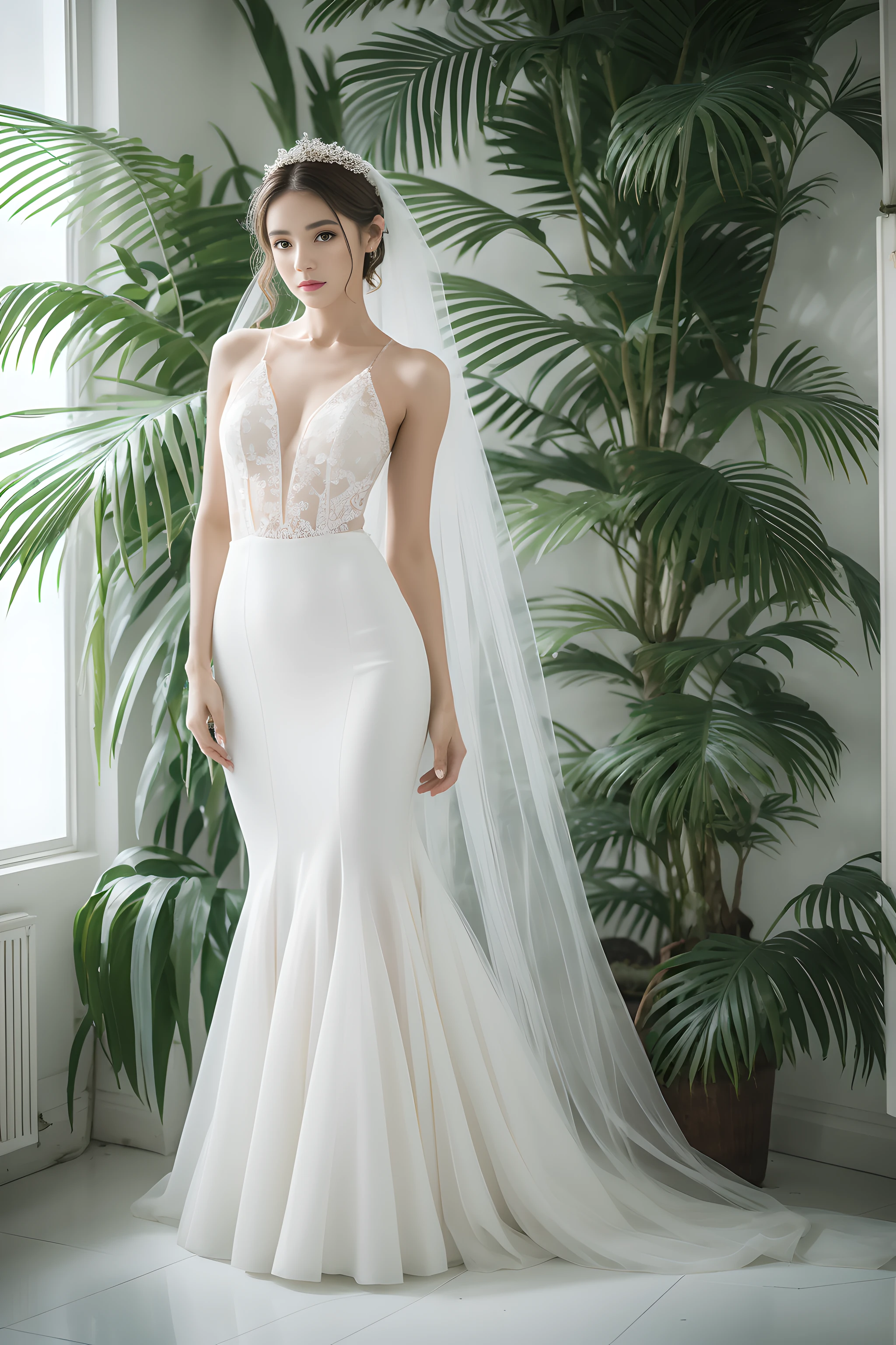 Top quality, Masterpiece, hyper HD, (Photorealistic: 1.4), RAW photo, 1girl,solo,Fashion model,Wearing a white mermaid wedding dress, v-neck dress style, Lace material, long tail, full body, in white room with indoor decorative palm tree,Stand upright and look straight.