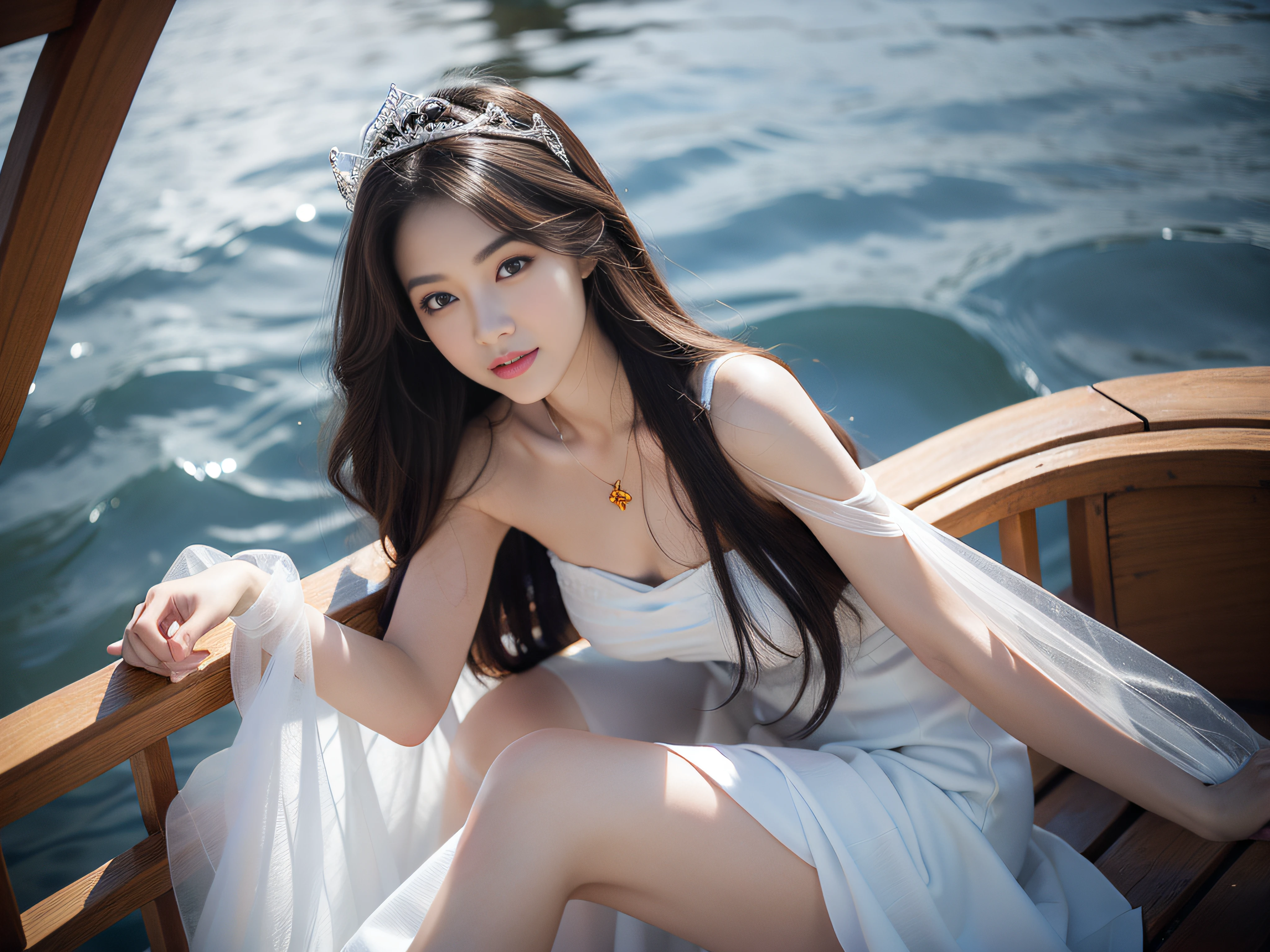 On the boat、Whole body、8K、realphoto、超A high resolution, Master Parts, Best Quality, nffsw , cinematic images,Lovely girl、ann、16years old、Anglo-Saxon、Green eyes、二重まぶた、very droopy eyes、(very, Very big eyes:1.8)、Dark eye shadow、The lips are very thin、The tip of the nose stretches beautifully.......、the tip of the nose is small,,,,, ighly detailed , Gold Hair、Straight hair、Very smile、 Sweet look 、a very beautiful woman、legs are long、 Very clear shadows , jewely , A detailed eye, very intricate, shiny skins , Perfect Brilliant, Perfect Lighting, Dramatic shadows ,White tiara on head、Greek see-through white dress、The back of the dress is wide open、Small angel wings on the back of the shoulders、The chest and waist of the dress are white lace、Underneath the dress is a white miniskirt、Lace white gloves、holding a bouquet of white flowers with both hands、White see-through veil from the back of the head、Silver necklace around the neck、