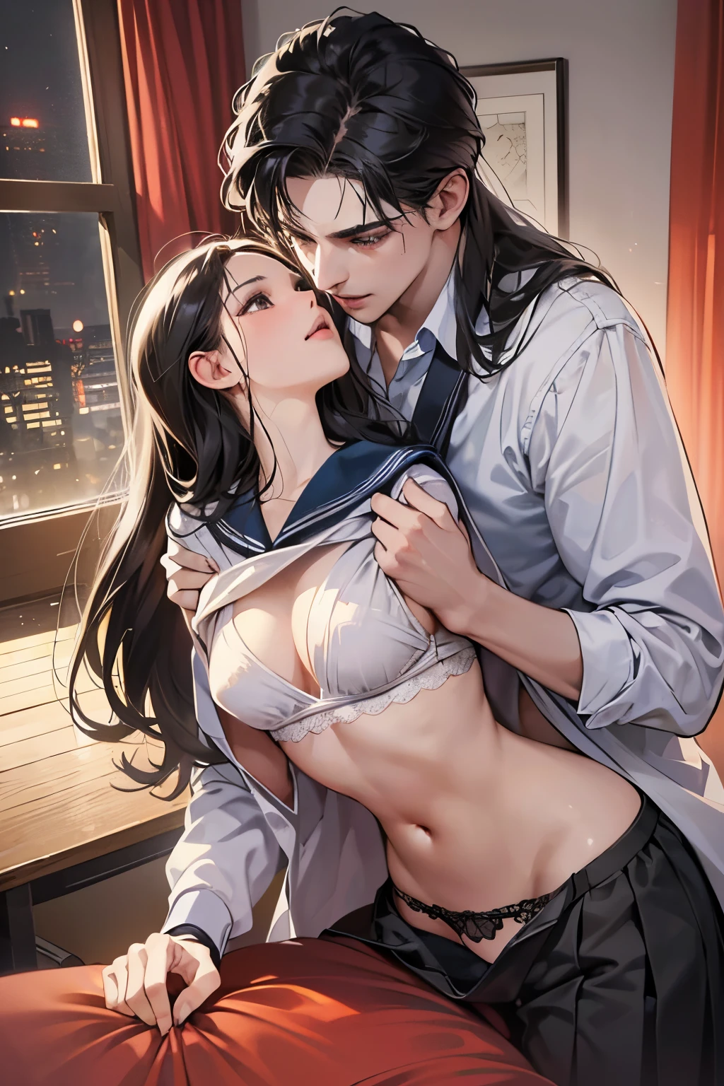 (masutepiece, Digital Art, Digital Illustration, 4K, 8K, Ultra-detailed, beautiful image, Sharp Image, Photorealistic, Raw photo, Perfect face, Perfect lines, Perfect eyes, Soft lighting) 1 woman, (Long Black Hair,straight haired,Bullish gaze,Beautie,Solid makeup,femele,small tits:1.3),Two handsome men in suits, (ember,Men in suits,well-muscled,Firm shoulder width,Adult male,Boyish hairstyle,English gentlemanly style,Man in his 30s with a cool expression,28-year-old man with bright smile:1.2),A classroom full of light、School、drapes、by the window、a sailor suit、baggy cardigan、kiss、a couple、couple kissing、Romance、ssex、have sex、Wet pubic area、insert 、Rape、Overflowing、Full body painting,(One Girl And One Man,Having sex:1.5),(ember,Adult male,Rubbing the girl's boobs:1.2),Cheek dyeing、gasping face、embarrassed、boredom、begging、Unhappy、Greedy expression,Wet pubic area、 xen、Open your crotch wide、Cowgirl、Fluttering chest、Wet shirt、Lace underwear、Take off your underwear、With my mouth wide open、Akanbee、Pull up your skirt、Show panties、Plug-ins、 Plug-ins、penetrated by genitals、