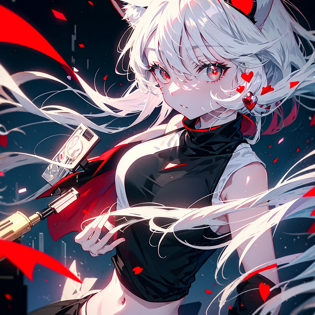 1 girl, white hair, red eyes, cat ears, tank top, night city background, heart eyes