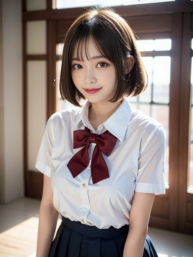 Best Quality, masutepiece, Cielve 2, e 16 autiful girl，Her expression is a radiant smile,Sitting,showing the panty, Delicate short-cut hair，High school uniform wearing white blouse, Pleated mini-skirt, High quality pixie cut, beautiful eyes of light brown, look at a camera, Shooting from below,