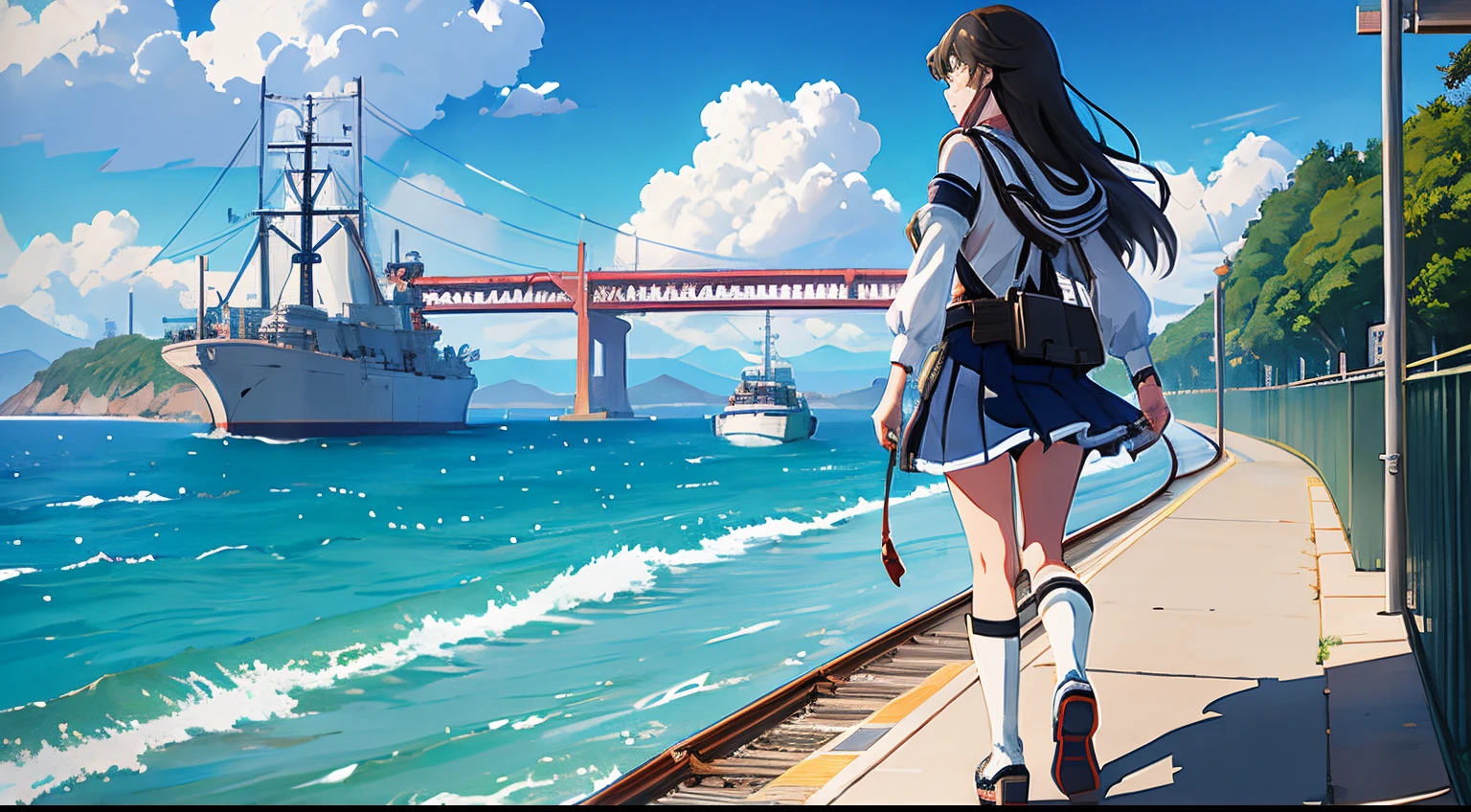 Anime girl with long hair walking on train platform, kantai collection style, Railgun, Konpeki no kantai, Kantai Collection Arcade, kancolle, style of makoto shinkai, anime visual of a cute girl, Makoto Shinkai art style, beautiful anime high school girl, anime style 4 k, official artwork, Shinkai Makoto