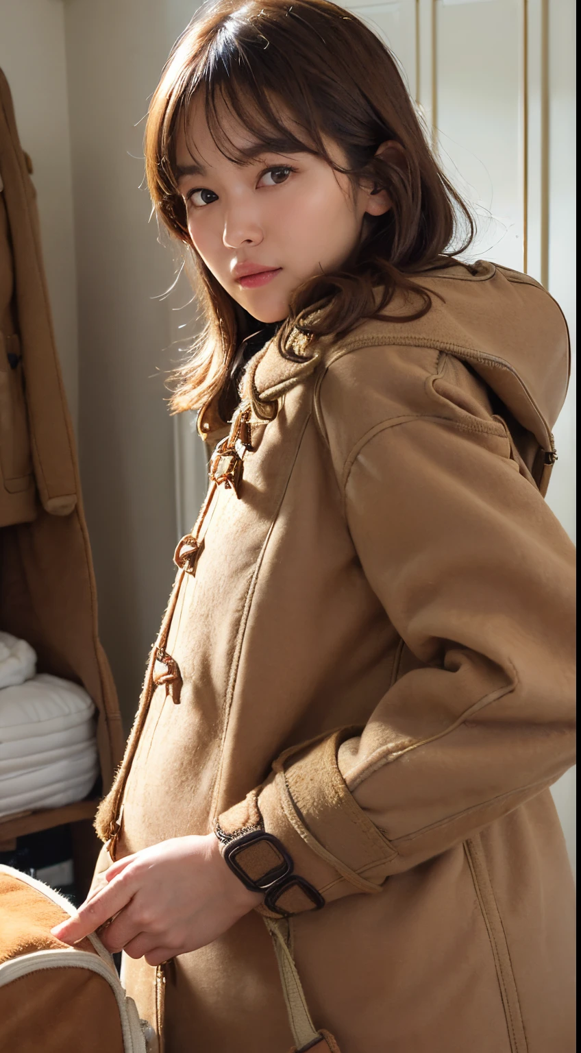 (Best Quality, Masterpiece, Ultra high resolution, (Photorealsitic:1.4), Raw photo, Extremely-Details, Perfect-Anatomy), 1girl, 16-years-old, the most popular Japanese idol, cowboy-shot, looking at viewer, wearing very tight light pinkknit-dress with cute design under light brown traditional duffel coat, ((((((pulling off light brown traditional duffel coat at her boyfriend's room, detailed light brown traditional duffel coat):1.2))))),  detailed very tight light pink knit-dress with cute design, (((extremely beautiful Big breasts through knit dress):1.2)), extremely cute face like a most famous Japanese idol, amazingly beautiful big black solid circle eyes, very beautiful hair, very beautiful body