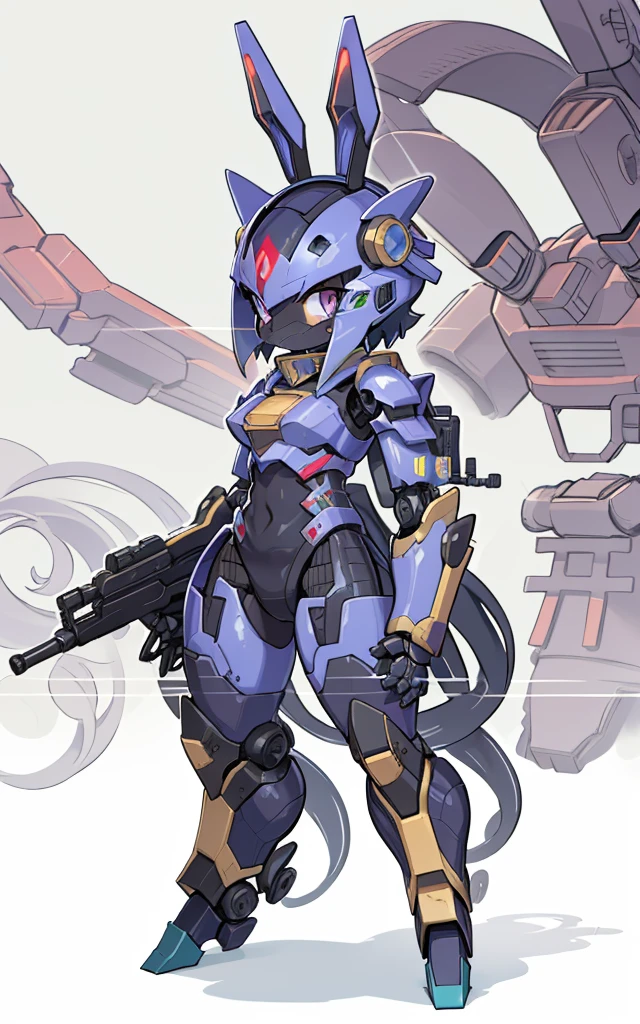Cartoon image of robot rabbit holding gun, mecha cyber armor, Cool mech style, mechasuit, Full robot full body mecha suit, cyber fight armor, wearing cyber armor, anime mecha armor, Purple armor, Complex assassin mecha, Mecha Inspiration