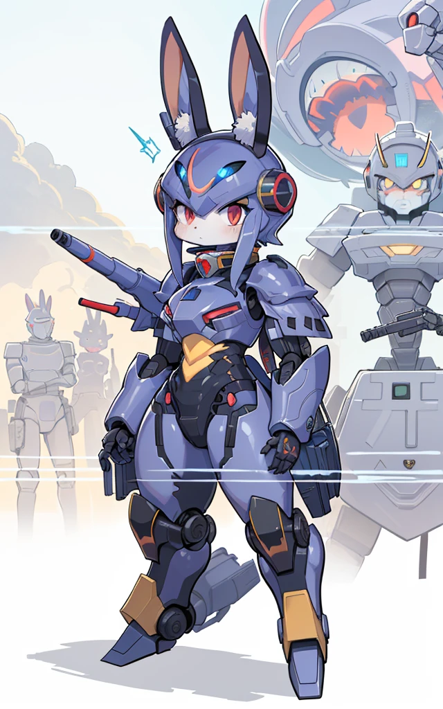 Cartoon image of robot rabbit holding gun, mecha cyber armor, Cool mech style, mechasuit, Full robot full body mecha suit, cyber fight armor, wearing cyber armor, anime mecha armor, Purple armor, Complex assassin mecha, Mecha Inspiration