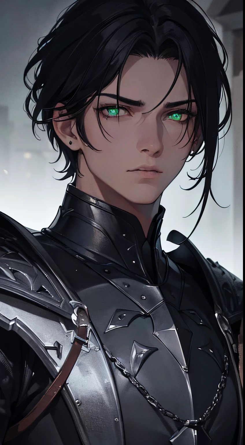 (best quality,highres,ultra-detailed,realistic:1.37),portrait,dark lighting,age male,black hair,intense green glowing eyes,piercing gaze,evil expression,close-up face,sharp facial features,armour outfit,strong and confident posture, beautiful,dark colour pallet, realistic eyes
