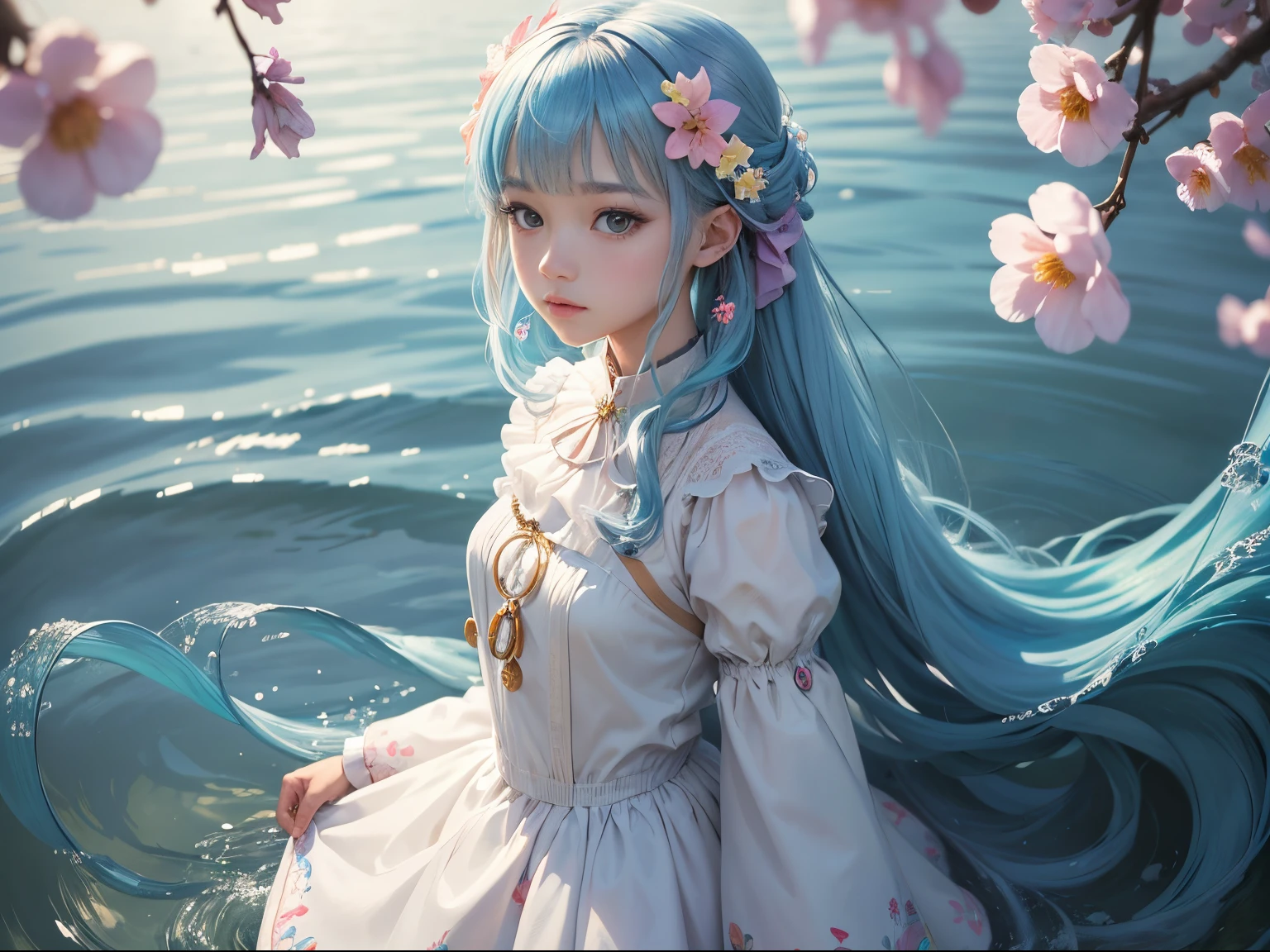 (masterpiece)、(best qualtiy)、(ultra-detailliert)、(dishevled hair)、(illustratio)、(1 girl in)、(Fashionable clothes)、is standing、fashion modell、see the beholder、(interview)、(simple background)、Fine and beautiful eyes、Delicate beautiful face、Planktonic、Clear eyes、(a high chroma)、(colorful water splash)、colorful bubble、(brilliance)、focus on face、poneyTail、Kamisato colorful flowers、lightblue hair、bangss、hair rings、Floating flowers、Floating hairs、(SHINES)、The best lighting、Best Shadows、Random Posing