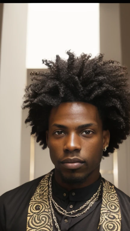 Shawt as an arafed man with a black shirt and a chain around his neck, a black man with big curly afro, east african man with curly hair, playboi carti portrait, black man with afro hair, taken in the early 2020s, man is with black skin, inspired by Charles Martin, photo in style of tyler mitchell, medium close up portrait, african clothing