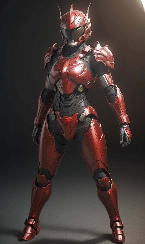 Textured skin, Super Detail, high details, High quality, Best Quality, hight resolution, 1080p, hard disk, Beautiful,(War Machine),beautiful cyborg woman,Red Mecha Cyborg Girl,Battle Mode,Girl with a Mecha Body,She wears a futuristic war machine weapon mech、A dark-haired、long、Brown eyes、full of sweat、cute smile face((Full body shiny red armor)) actionpose