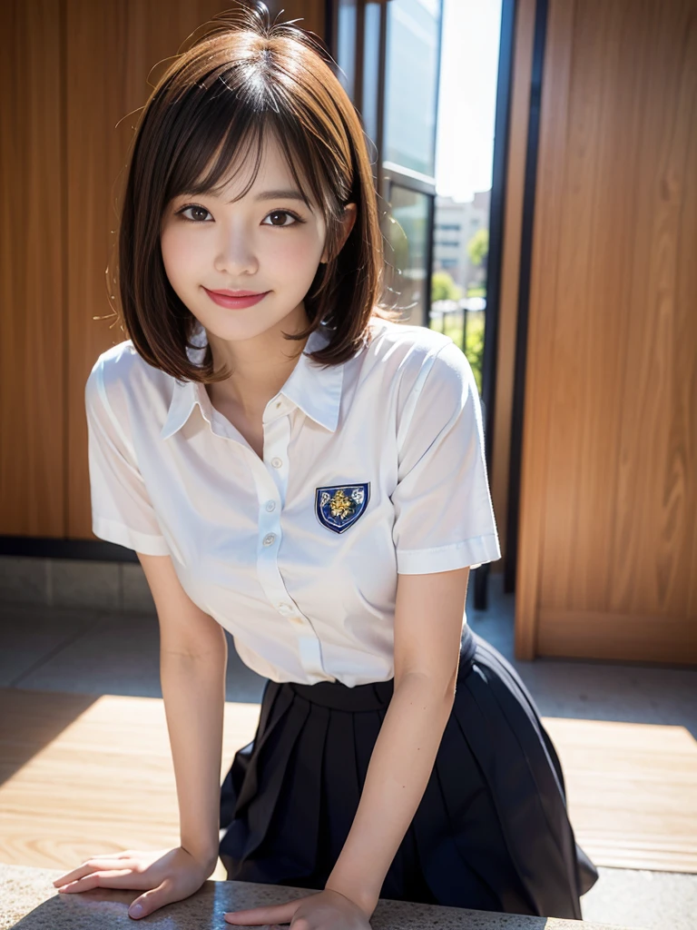 (Realistic, Photorealsitic:1.37), (masutepiece), (Best Quality:1.4), (超A high resolution:1.2),(Raw photo:1.2), (Sharp Focus:1.3), (Face Focus:1.2), 

(One woman wearing detailed student uniform:1.4), (Girl on all fours), (from behind:1.3), (In the school:1.5), ‎Classroom,Plump, BREAK,
(medium breasts:1.27), (Smile:1.1), ( bob cuts:1.3), Scenery, (20yr old),  (Beautiful),  Photon mapping, (Sunlight), , finely detail, vibrant detail, hyper realisitic, (nffsw:1.5),ultra-detailed hair,Ultra detailed hands,Ultra detailed arms,hyperdetailed face,Ultra Detailed feet,