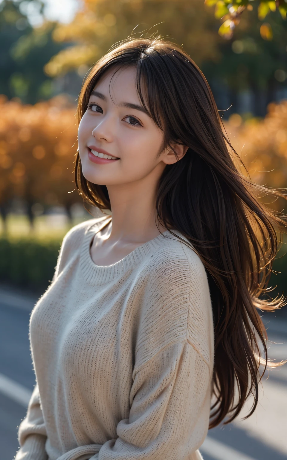 A happy smile looking at this、Under the Autumn Sky、Colorful sweater、masutepiece, The highest image quality, High quality, Beautiful woman, Japanese, 18year old, lovely, Cute, Detailed, Swollen eyes, Detailed eyes, Detailed skin, Beautiful skin, Ultra High Resolution, (reality: 1.4),Very beautiful, Beautiful skin, slender, (A hyper-realistic), (High resolution), (8K), (Very detailed) (Best Illustration), (beautifully detailed eyes), (super detailed), (Wallpaper), (Detailed face), Fine details, Detailed face, Smiling, Looking straight ahead, Looking straight ahead, angle from waist up, photos realistic, Bright lighting, Professional Lighting, dark brown hair, Long hair, The ends of the hair are blown away by the wind, long stylish bangs,