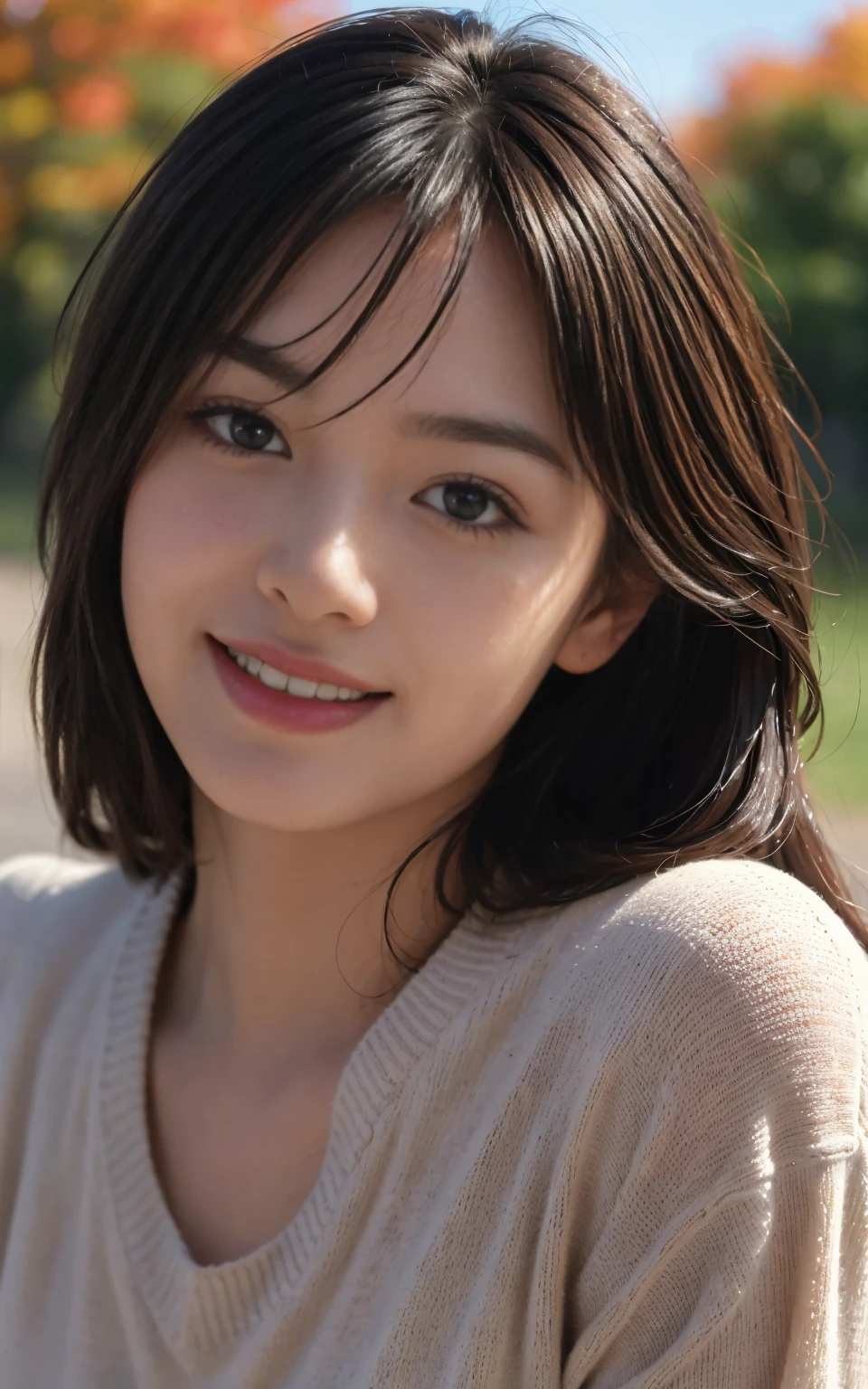 A happy smile looking at this、Under the Autumn Sky、Colorful sweater、masutepiece, The highest image quality, High quality, Beautiful woman, Japanese, 18year old, lovely, Cute, Detailed, Swollen eyes, Detailed eyes, Detailed skin, Beautiful skin, Ultra High Resolution, (reality: 1.4),Very beautiful, Beautiful skin, slender, (A hyper-realistic), (High resolution), (8K), (Very detailed) (Best Illustration), (beautifully detailed eyes), (super detailed), (Wallpaper), (Detailed face), Fine details, Detailed face, Smiling, Looking straight ahead, Looking straight ahead, angle from waist up, photos realistic, Bright lighting, Professional Lighting, dark brown hair, Long hair, The ends of the hair are blown away by the wind, long stylish bangs,