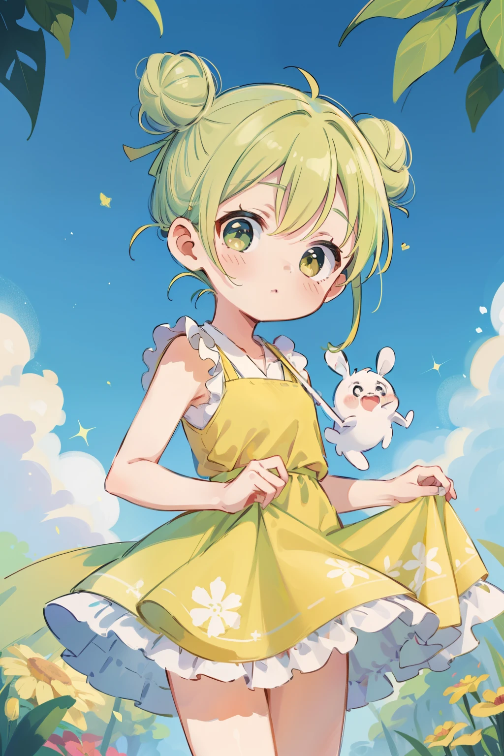 absurderes, hight resolution, (Anime style:1.1), ((masutepiece)), ((Best Quality)), (Ultra-detailed), (Beautiful),Beautiful face、(liftup), s、Bun、Bun in a high position、Twin-tailed、Yellow hair、Green dress、(((Twin-tailed、)))(((High bun)))