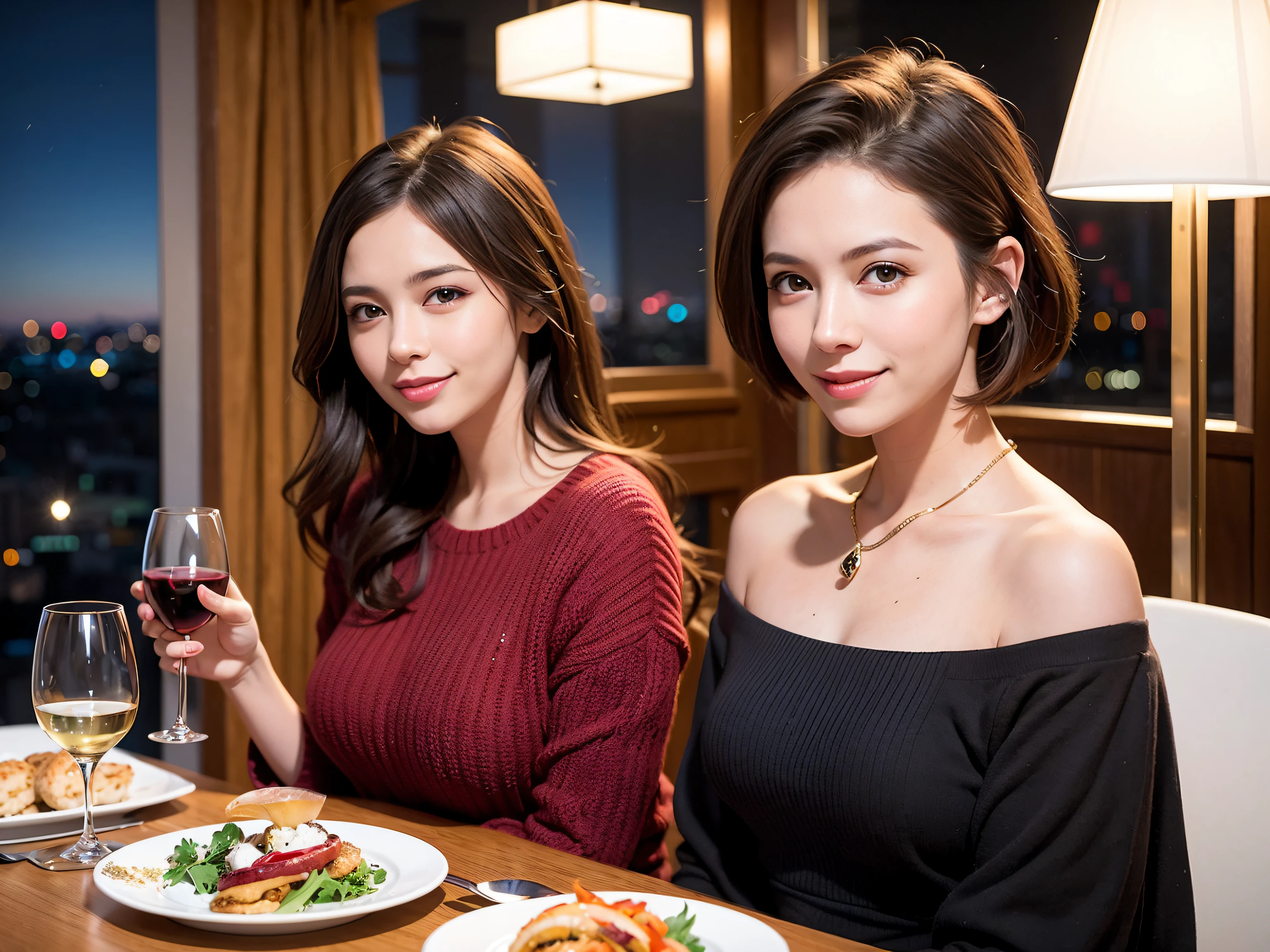 （Realistic:1.1）,(masterpiece,Highest quality)，8k,(45 years old), 42 years old, slimカップル、Model Couple、actress/actor、Tight waist,Upper Body,full-course dinner、wine 、Amazing view of the sunset sky and clouds、Perfect ???????, Brown Hair, short hair,Random Hairstyles,((Highly detailed face and eyes:1.2))(cute顔:1.4)，美しいactressの顔，Perfect golden ratio face，Long sleeve shirt、dress,(smile:1.2)、Shortcuts、cute、(Realistic, Intricate details:1.2), A bright smile、short hair,Bright Face、赤wine 、Appetizers、Italian food、wine bottle、Champagne、スパークリングwine、(slimな顔), (The body is slim), (Brown Hair), (Shortcuts),  Upper Body, 白wine, slim, wineグラス, 