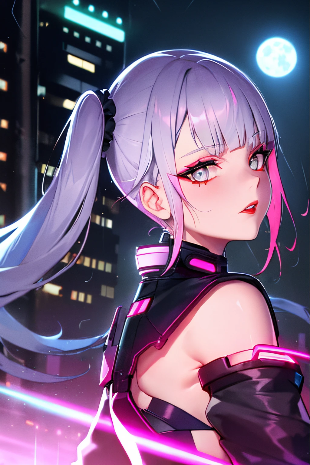 lucy \(cyberpunk\), 1girl,  hair scrunchie, hime cut, silver hair, colored tips, full moon, grey eyes, jacket, long sleeves, looking at viewer, medium hair, multicolored hair, parted bangs, parted lips, pink hair, portrait, red eyeliner, red lips, solo, white jacket, cyberpunk \(series\), rainy night in a cyberpunk city with glowing neon lights