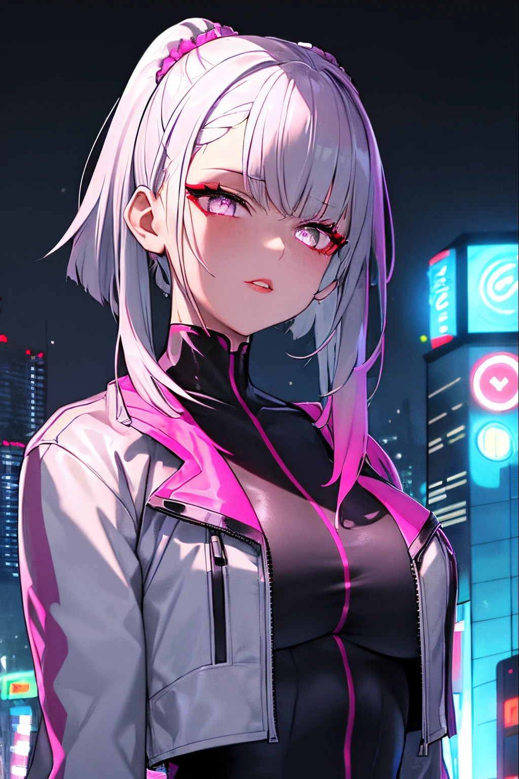 lucy \(cyberpunk\), 1girl,  hair scrunchie, hime cut, silver hair, colored tips, full moon, grey eyes, jacket, long sleeves, looking at viewer, medium hair, multicolored hair, parted bangs, parted lips, pink hair, portrait, red eyeliner, red lips, solo, white jacket, cyberpunk \(series\), rainy night in a cyberpunk city with glowing neon lights