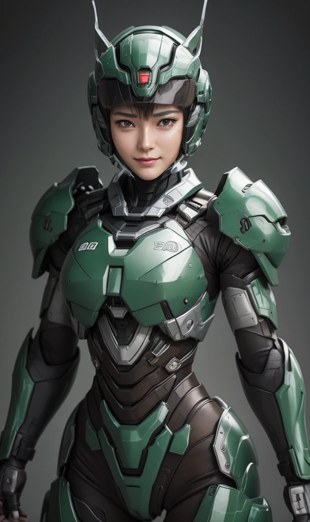 Textured skin, Super Detail, high details, High quality, Best Quality, hight resolution, 1080p, hard disk, Beautiful,(War Machine),beautiful cyborg woman,Dark Green Mecha Cyborg Girl,Battle Mode,Girl with a Mecha Body,She wears a futuristic war machine weapon mech、Very Shorthair、Brown eyes、full of sweat、cute smile face