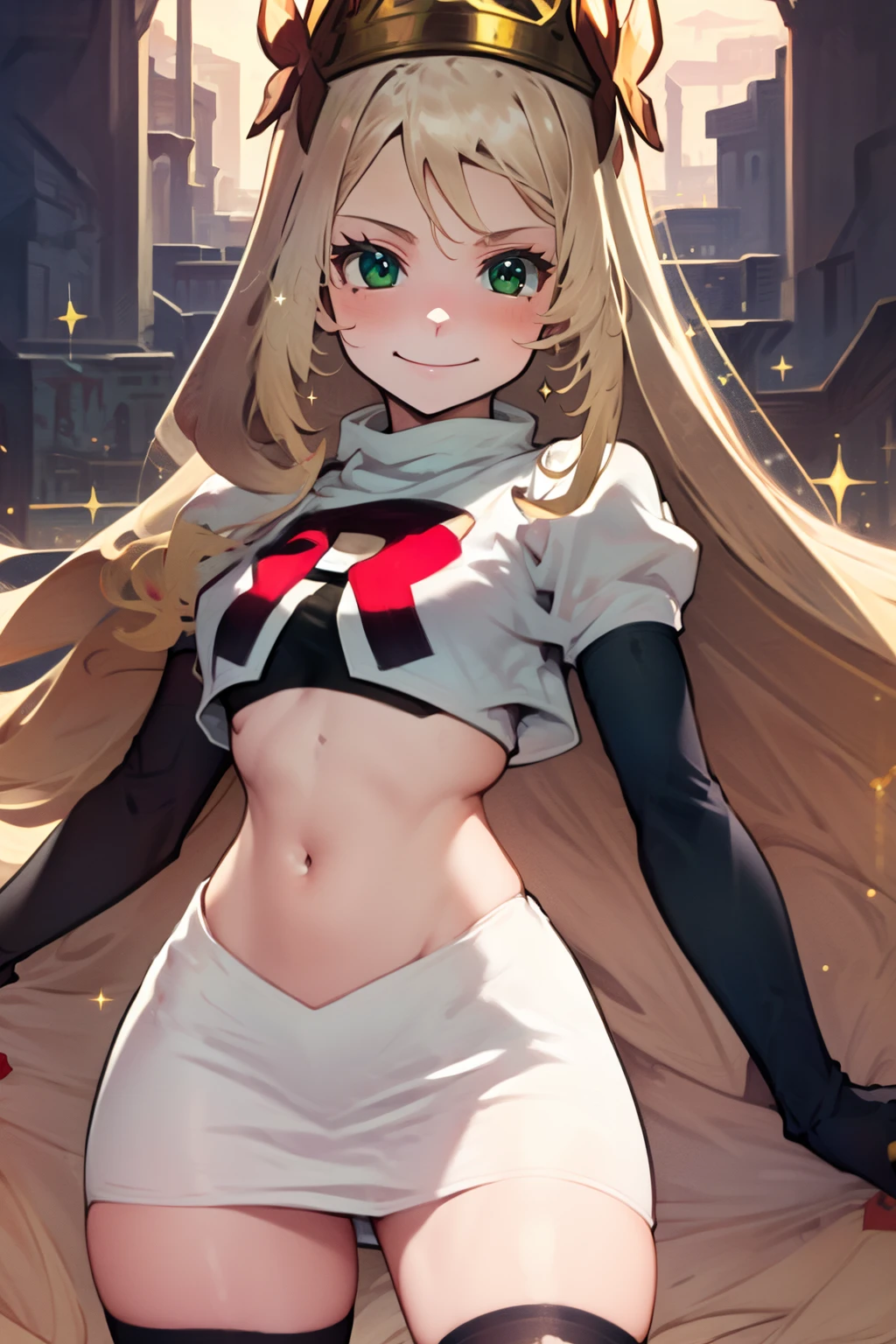 celinefe, celinecrown, team rocket uniform, red letter R, white skirt,white crop top,black thigh-highs,black elbow gloves, evil smile, cowboy shot, posing, sparkles of light around the elbow gloves