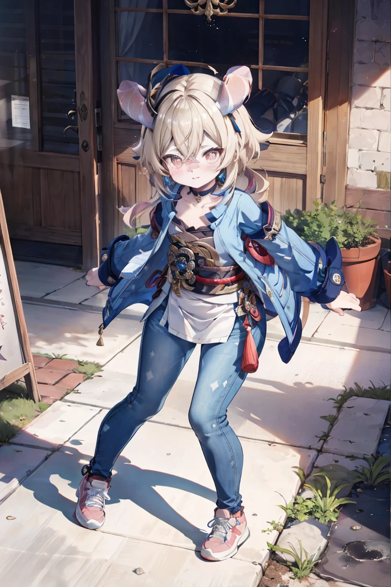 Melousine (genshin impact), masterpiece, bestquality,3 girl,young girl, pomelo buds, Ash Blonde, long-haired,unstable _Front,oily shiny skin,flat chest,nice leg line:1.3,thick thighs, thin-waist,, red_streaks_light_wrap_dress, white_platform_sneakers, woven_El_bag, straw_headgear, gold_hoop_earrings, jacket, long jeans city scenery,looking at the audience,From Top:1.2,dynamic angle