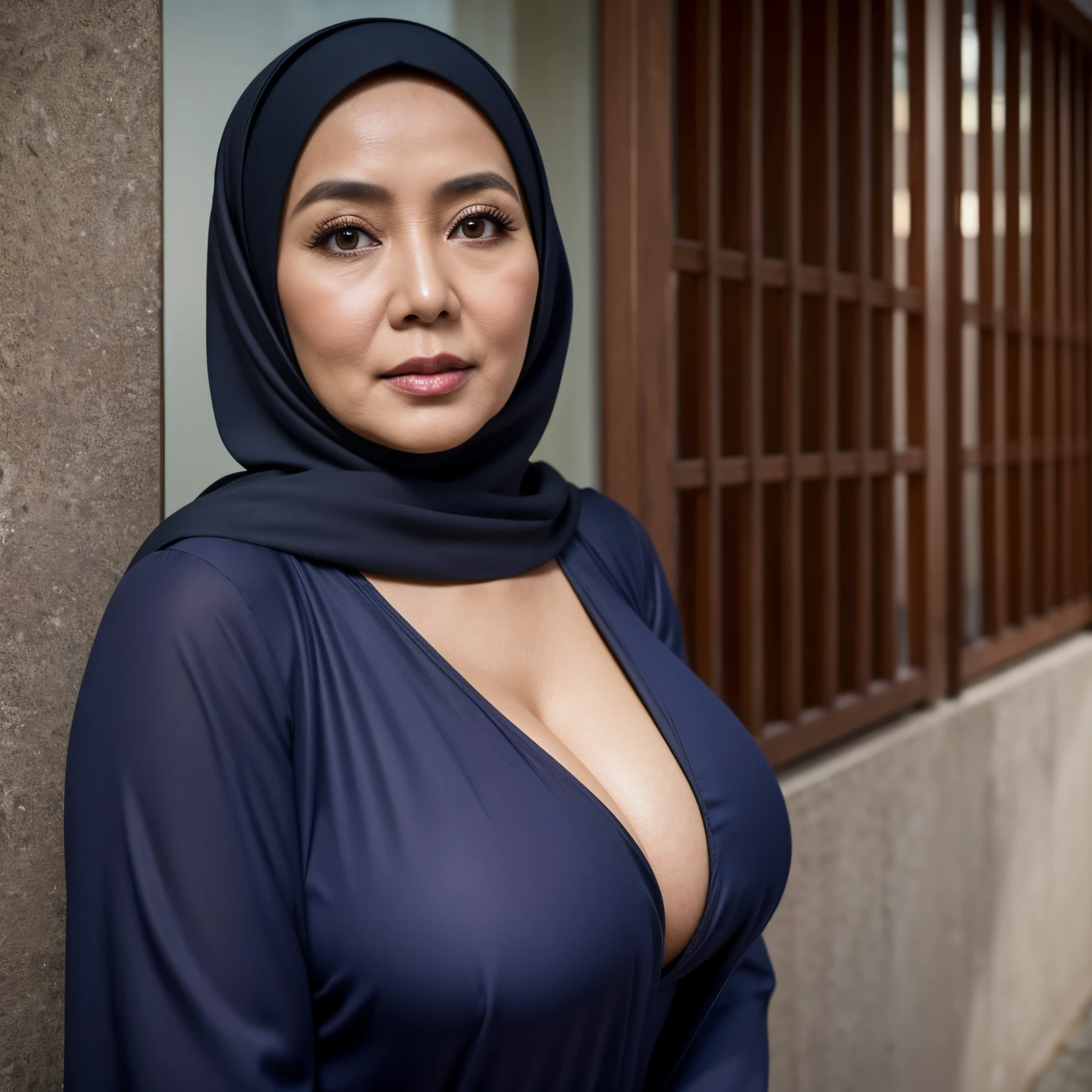 56 years Old, Hijab Indonesian mature woman, Big Tits : 34.9, Gamis, curvy body, Breast about To burst out from her clothes, at doctor office, Dark light, at Nighttime.