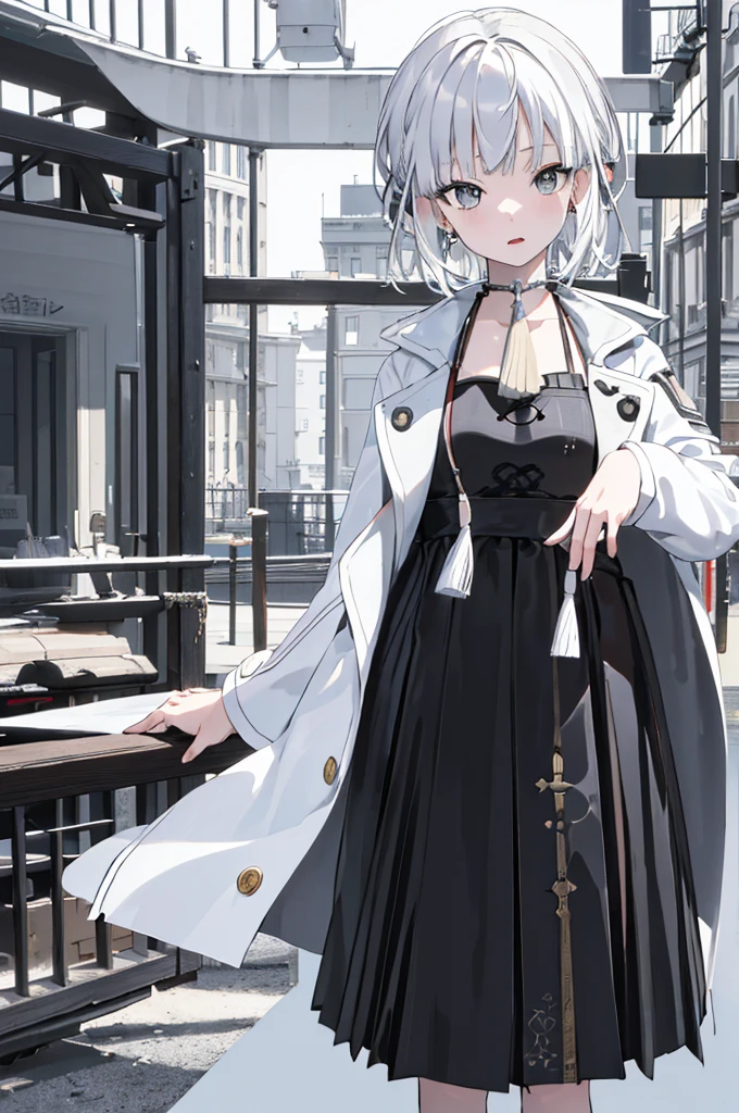 Masterpiece, Best Picture Quality, (Realism, Realism: 1.37), Suyu, 1girl, Short White Hair, Trend, Black and White Coat, Looking at the Audience,