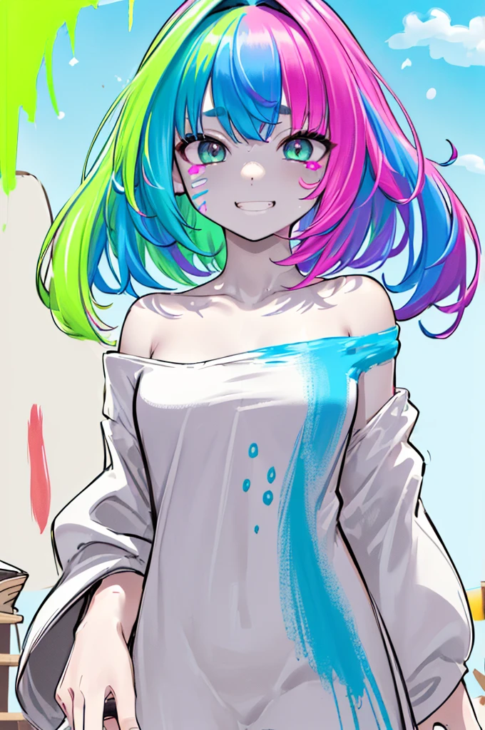 (​masterpiece、top-quality、a high chroma、ultra-detailliert、high-resolution illustrations、Ultra-high-definition CG、8k size wallpaper、offcial art、production art)、Skin quality improvement,,((Vivid Color:1.5))、((Fluorescent color:1.5)),((doodle:1.7))、((A large amount of various fluorescent colors are scattered all over the clothes.:1.7))、((paint on face and body:1.8))、tilt of the head、((colorful fluorescent hair:1.7))、(Face Focus:1.5)、(close to viewer:1.5)、(single bare shoulder sweater long:1.2)、(Eyes are blue)、(girl with)、medium breasts、(Very short hair),(Excited eyes),(Gradient Eyes)、(grinning evily:1.3),(Cowboy Shot),(),(Standing)、(View from below:1.3)
