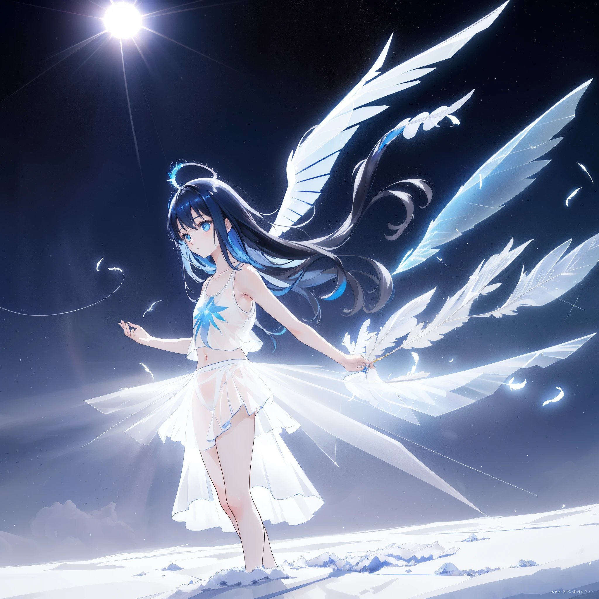 (((A far shot))) of a black-haired anime girl, (standing in the (snowfield), ((strong sunlight)), cinematic light, slim body, skin is perfectly healthy, soft, and smooth, Extremely delicate and beautiful CG illustration, best quality, high resolution, dynamic angle, full-length lens, (1 girl), floating, soft light, high-key lighting), glowing light, blue halo, feathers fluttering background, blue crystal, (((wearing nothing but a white (pure) (transparent) tank top))), ((very cinematic)), ((no skirt)), feet visible