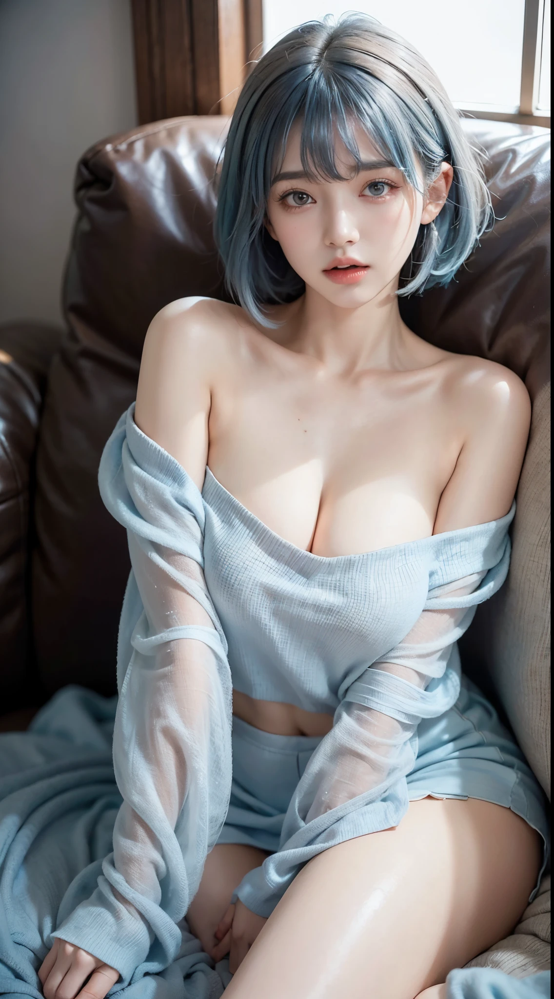 a girl with short brown hair laying on the sofa covered by blanket, clear eye, (look down at the viewer:0.8), detached sleeves, open mouth, bangs, white sleeves, white glove, blue hair, 1girl, shiny skin, (masterpiece;1.0), (photorealistic:1.4), (soft focus:1.2)