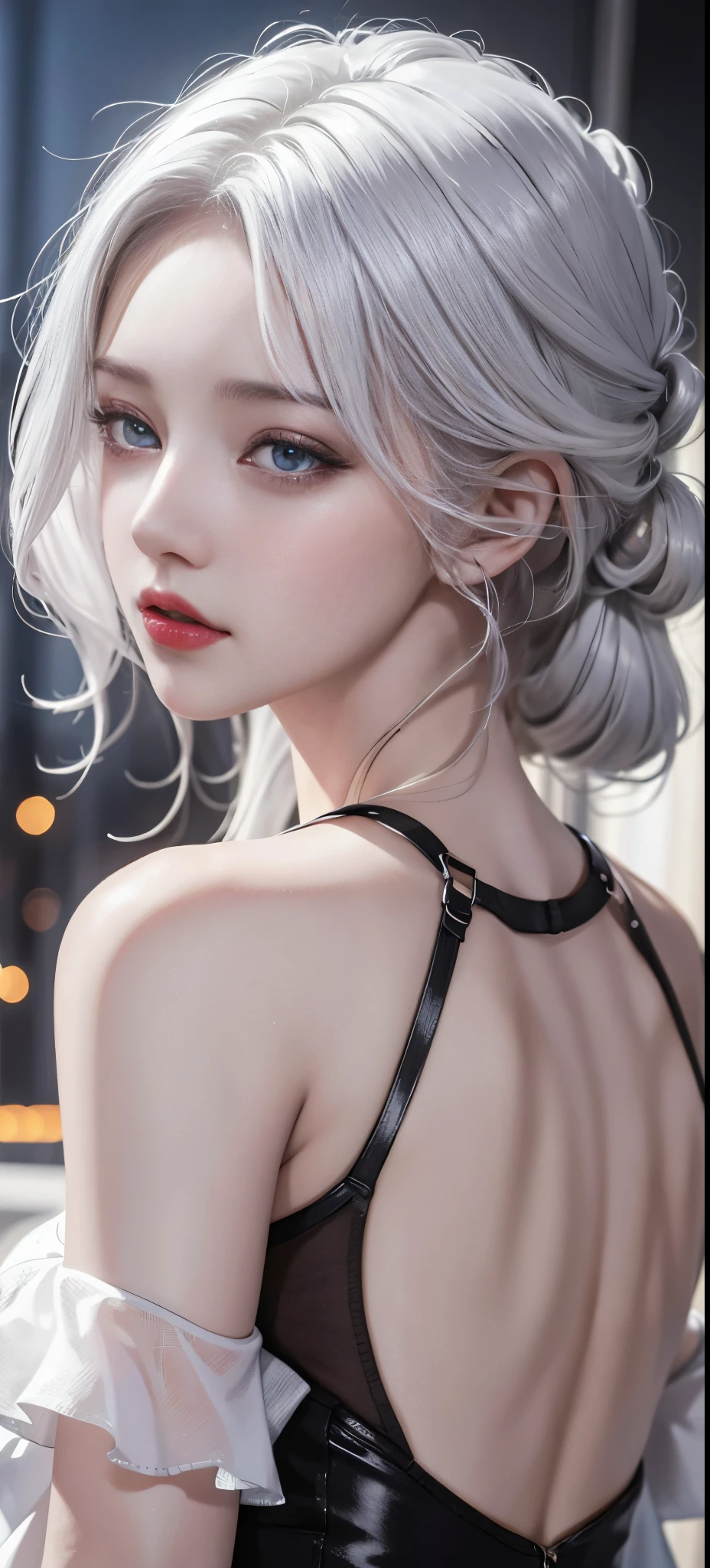 Realistic, high resolution, upper body, 1 woman, white hair, glowing eyes, shirt, transparent garment, 8K, CG, seduction, goddess, hands on the back of the head