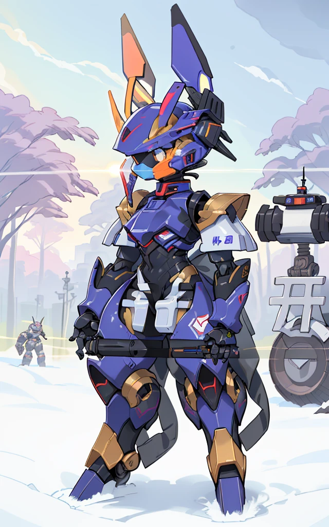 Cartoon image of robot rabbit holding gun, mecha cyber armor, Cool mech style, Mecha suit, Full robot full body mecha suit, cyber fight armor, wearing cyber armor, anime mecha armor, Purple armor, Complex assassin mecha, Mecha Inspiration