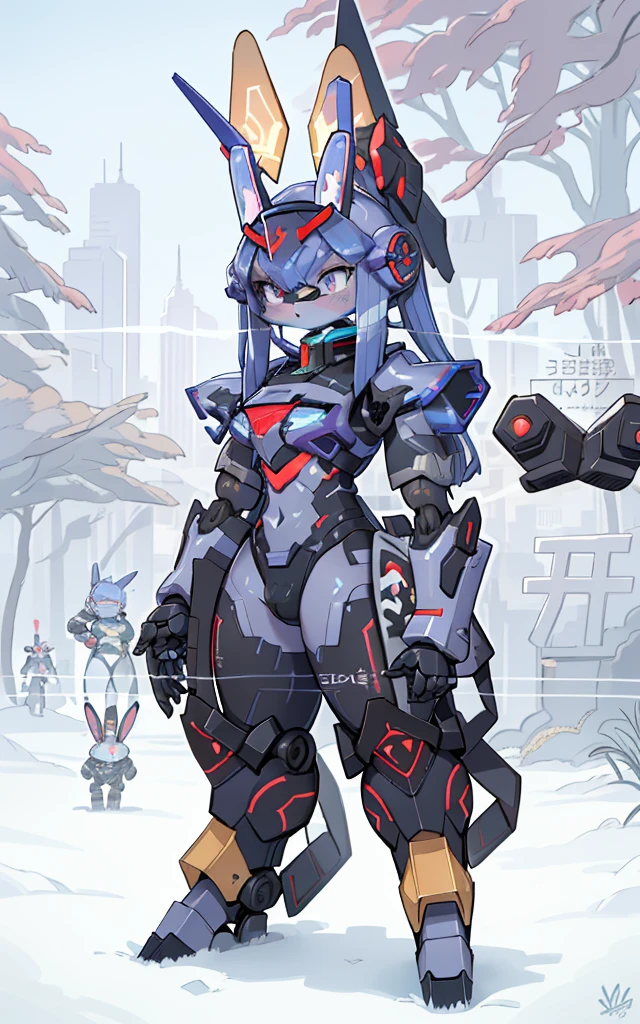 Cartoon image of robot rabbit holding gun, mecha cyber armor, Cool mech style, Mecha suit, Full robot full body mecha suit, cyber fight armor, wearing cyber armor, anime mecha armor, Purple armor, Complex assassin mecha, Mecha Inspiration
