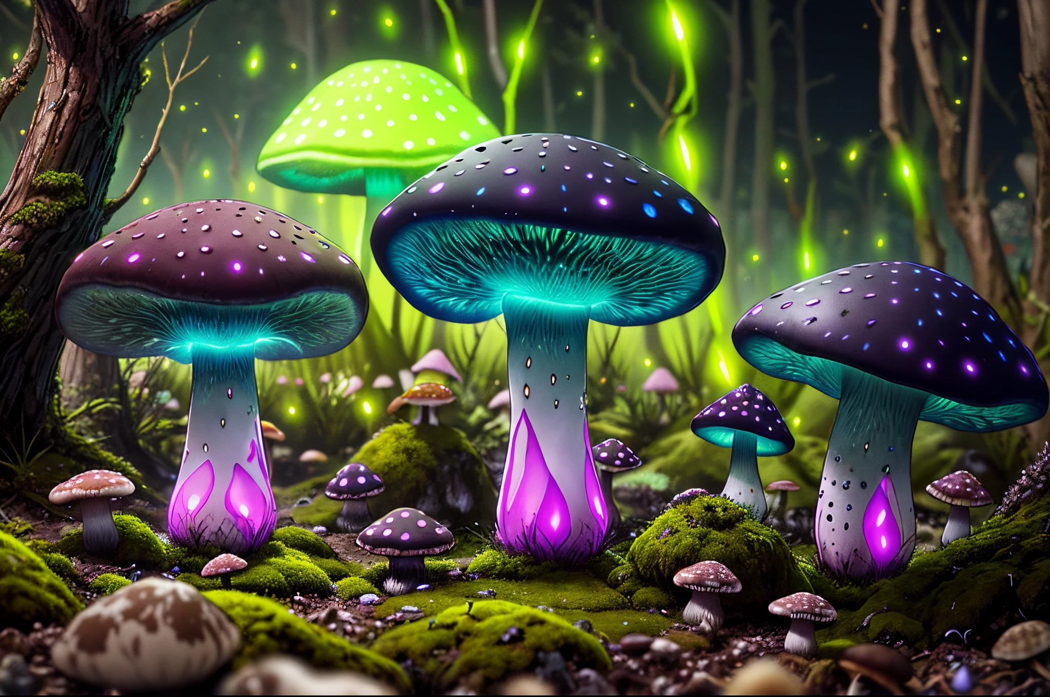 (highly detailed:1.2),(best quality:1.2),8k,sharp focus, (subsurface scattering:1.1)
(glowing magic bioluminescent mushrooms:1.2),psychadelic magic particles inthe air, (neon bioluminescent mushroom forest at night:1.2), (magical fireflies:1.2)
(very detailed trees and rocks and moss:1.2), (highly detailed background:1.3), RPG, Elden Ring style, (fantasy:1.3),(hyperrealistic:1.1), (((night))), cinematic lighting, highly detailed, artstation,smooth, sharp focus, artgerm, greg rutkowski, editor's pickup, trending on artstation, trending on deviantart, wlop, (contrast:0.4),
